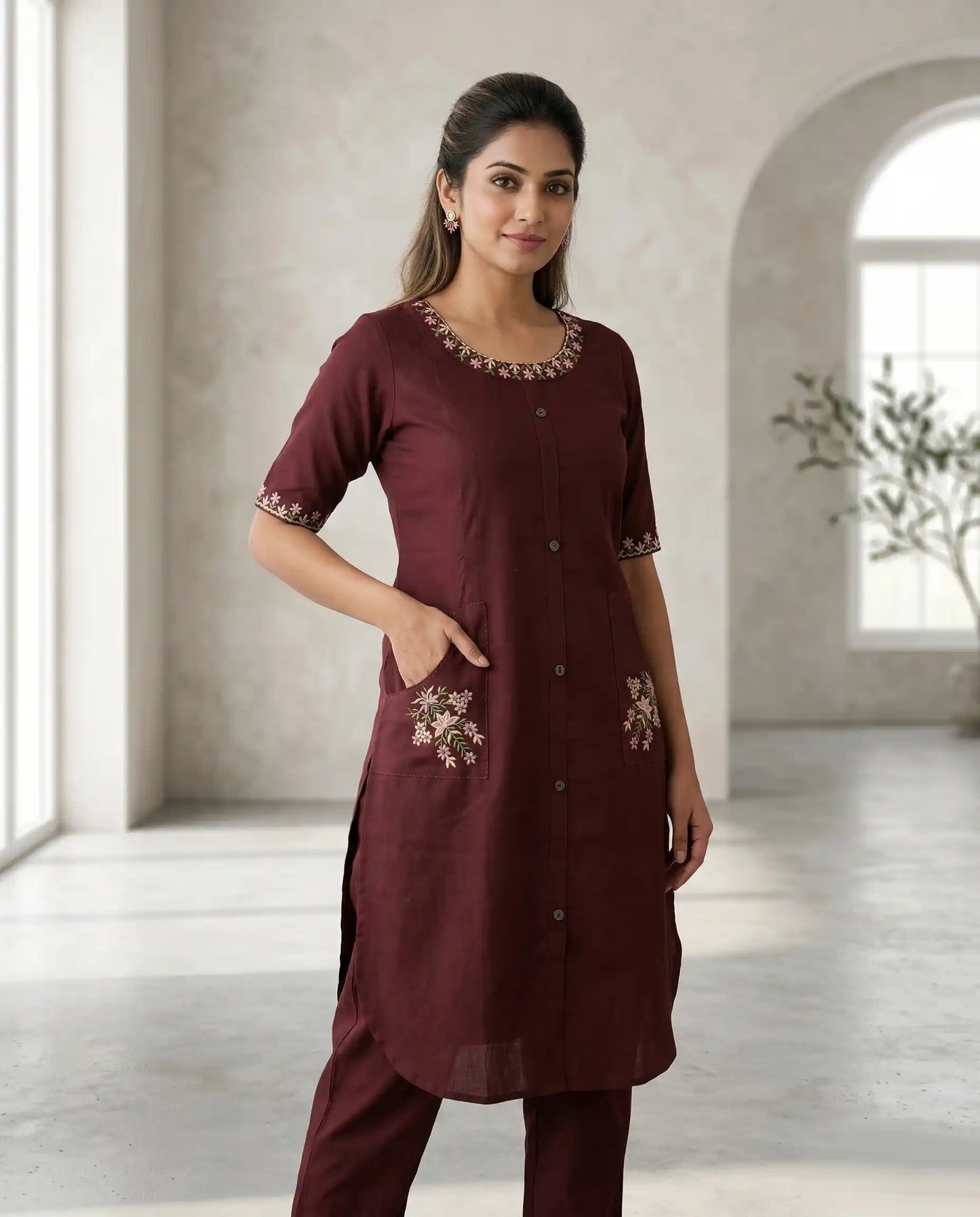 Maroon Floral Embroidered Kurti Set