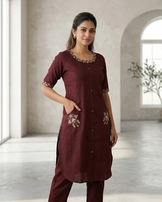 Maroon Floral Embroidered Kurti Set