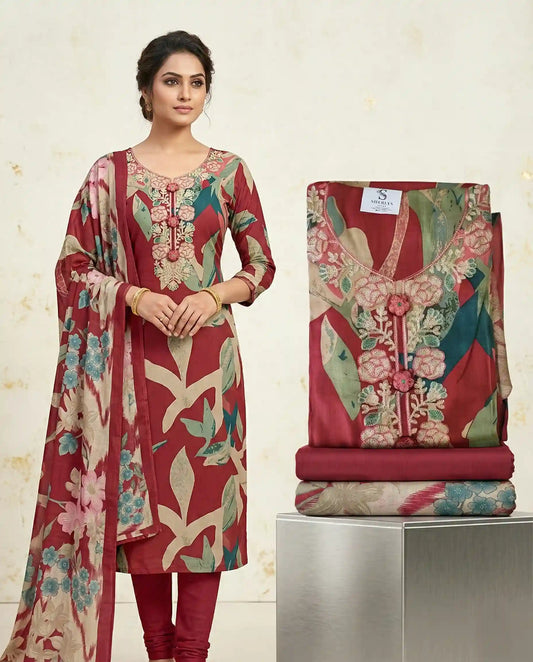 Premium Maroon Floral  Churidar Material Set