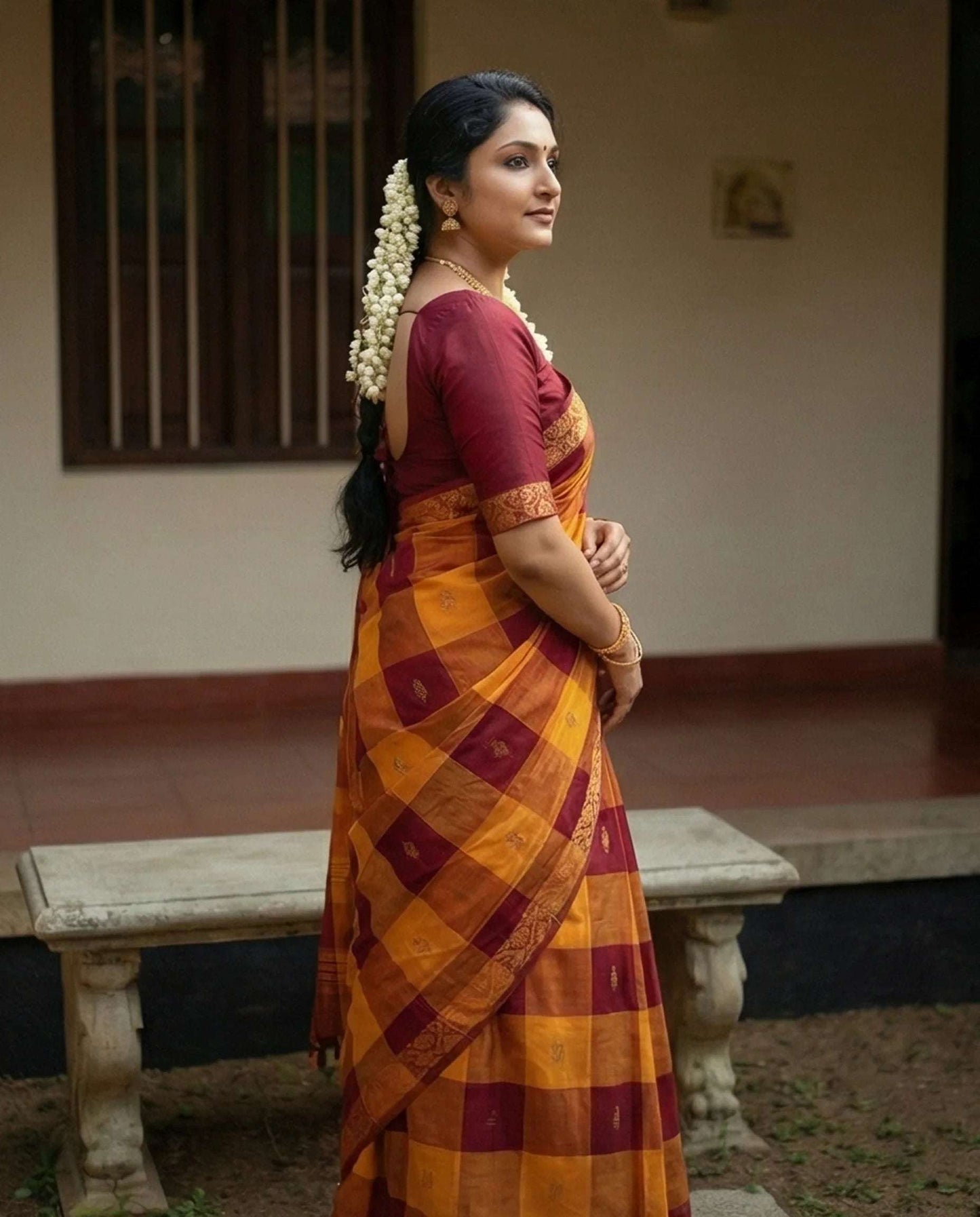 Traditional Maroon and Mustard-Yellow Checkered Saree with Gold Floral Motifs