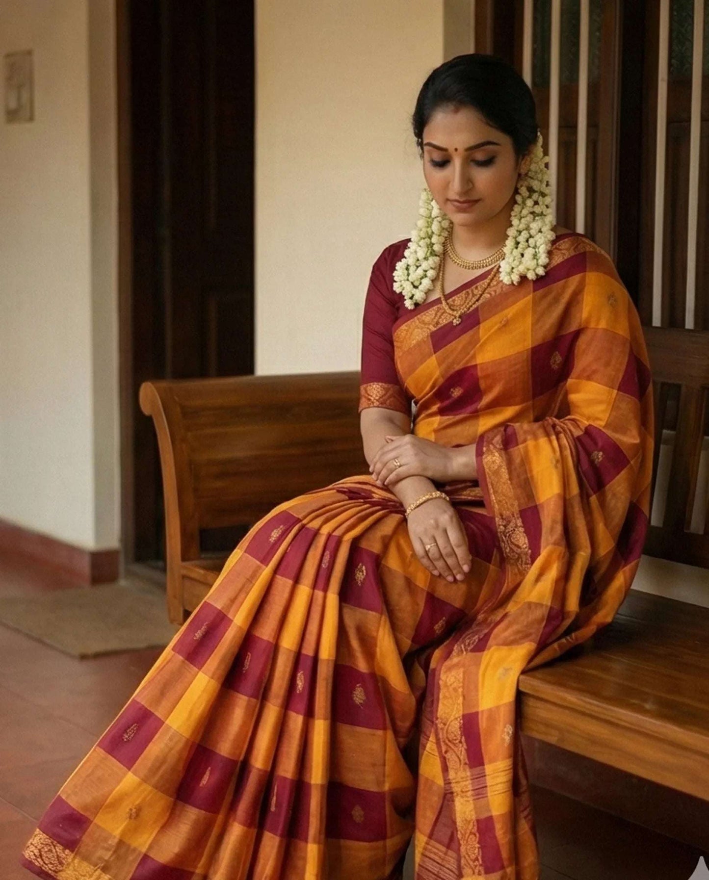 Traditional Maroon and Mustard-Yellow Checkered Saree with Gold Floral Motifs