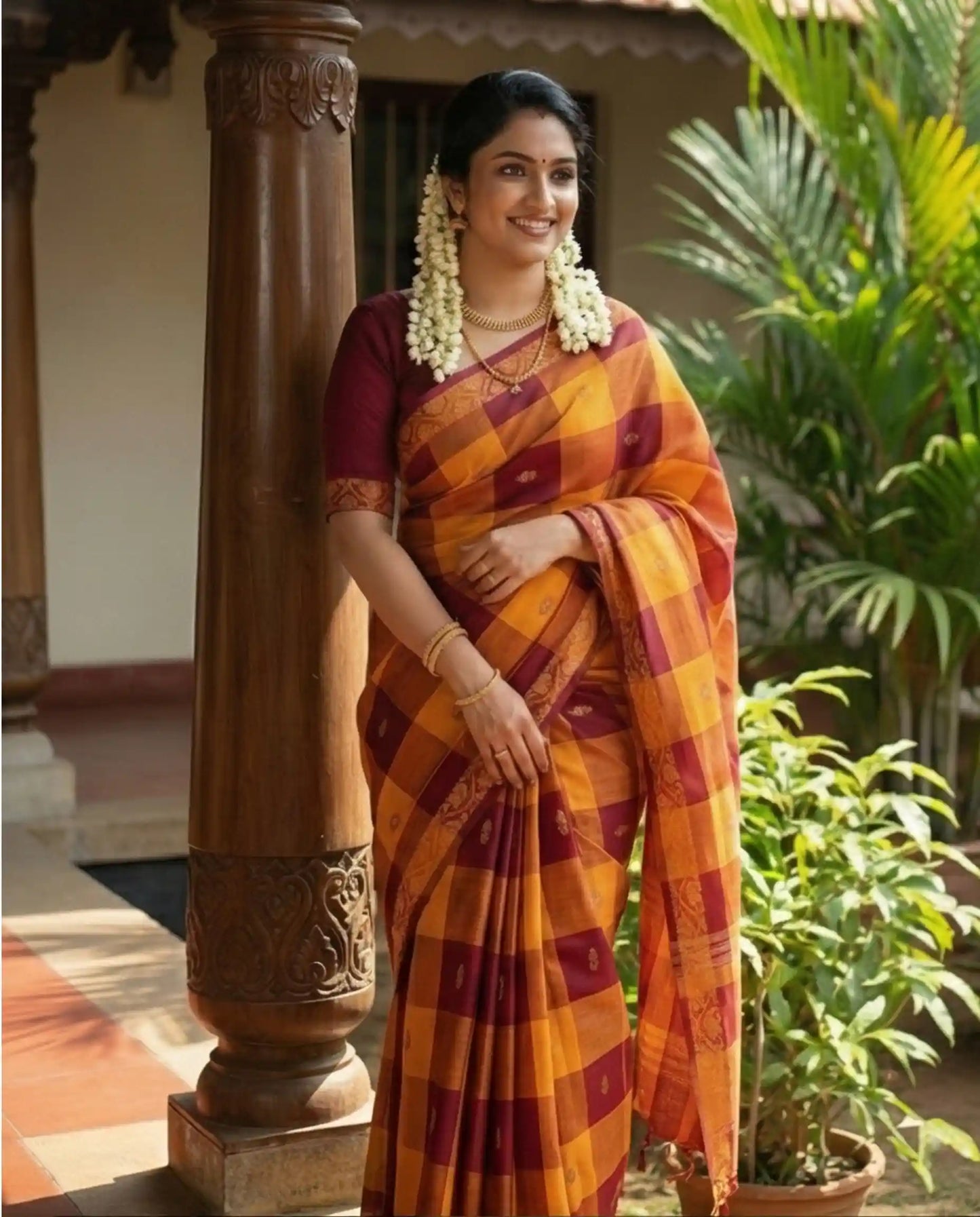 Woman in a traditional saree standing outdoors with plants in the background

