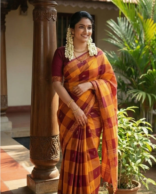 Woman in a traditional saree standing outdoors with plants in the background

