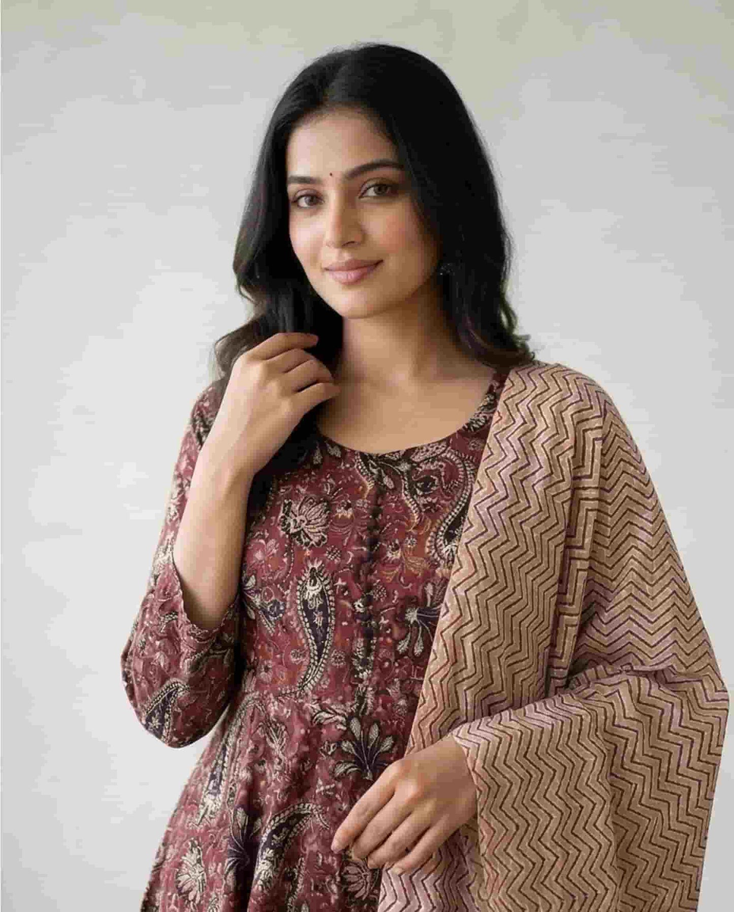 Maroon Paisley Print Anarkali Kurti Set