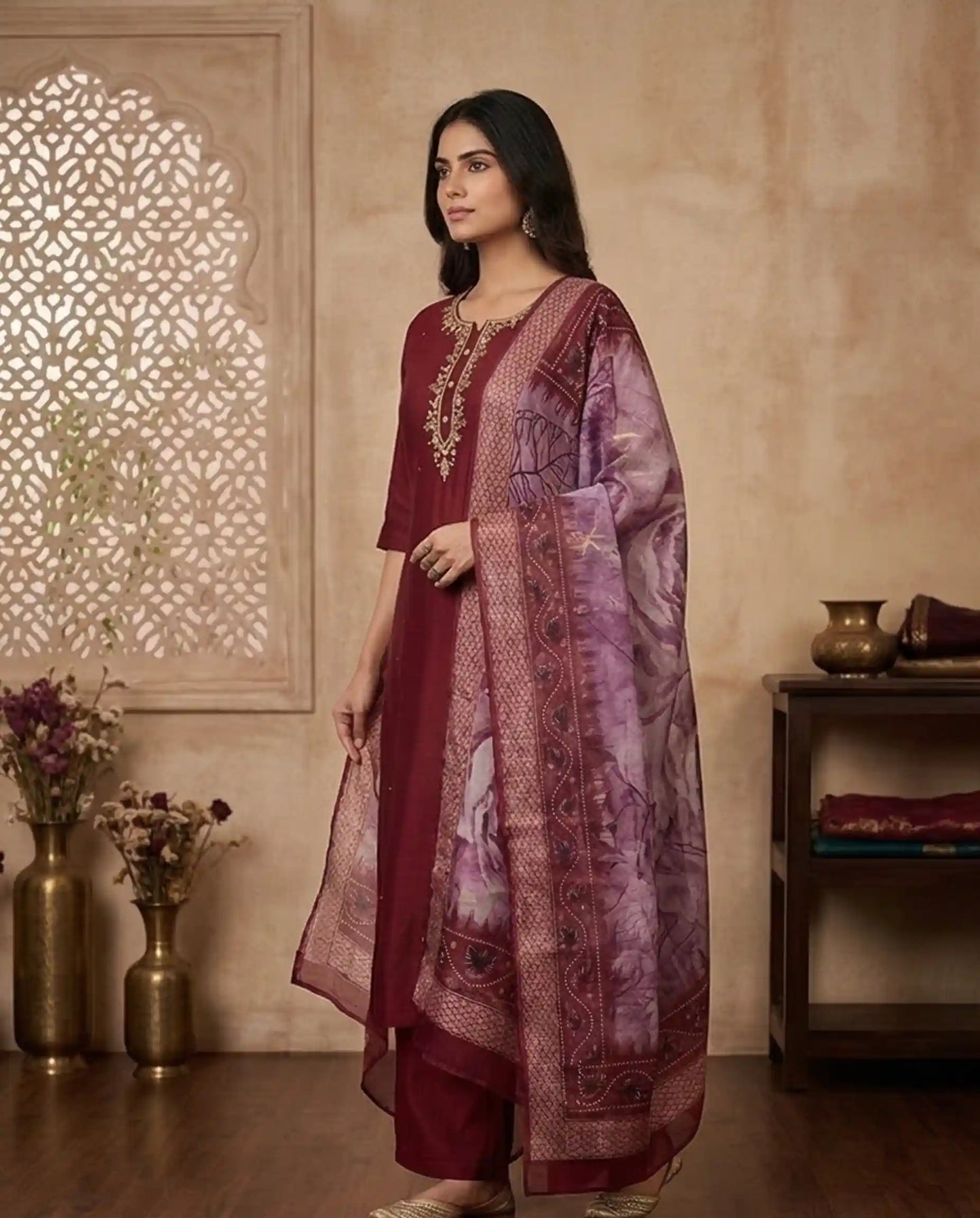 Maroon Embroidered premium Silk Kurti Set