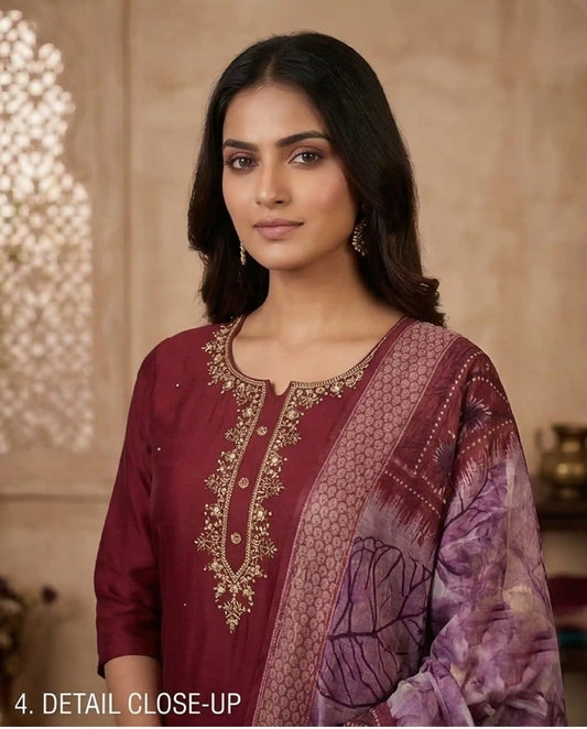Maroon Embroidered premium Silk Kurti Set
