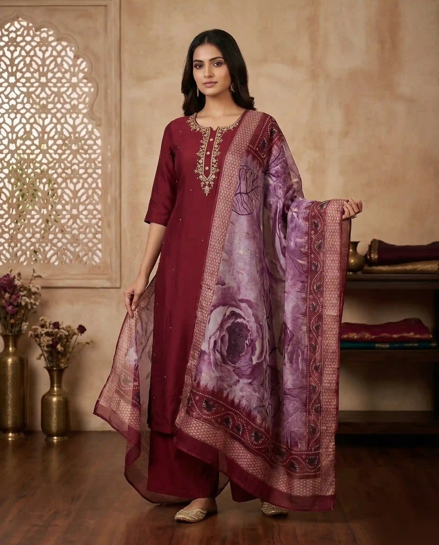 Maroon Embroidered premium Silk Kurti Set
