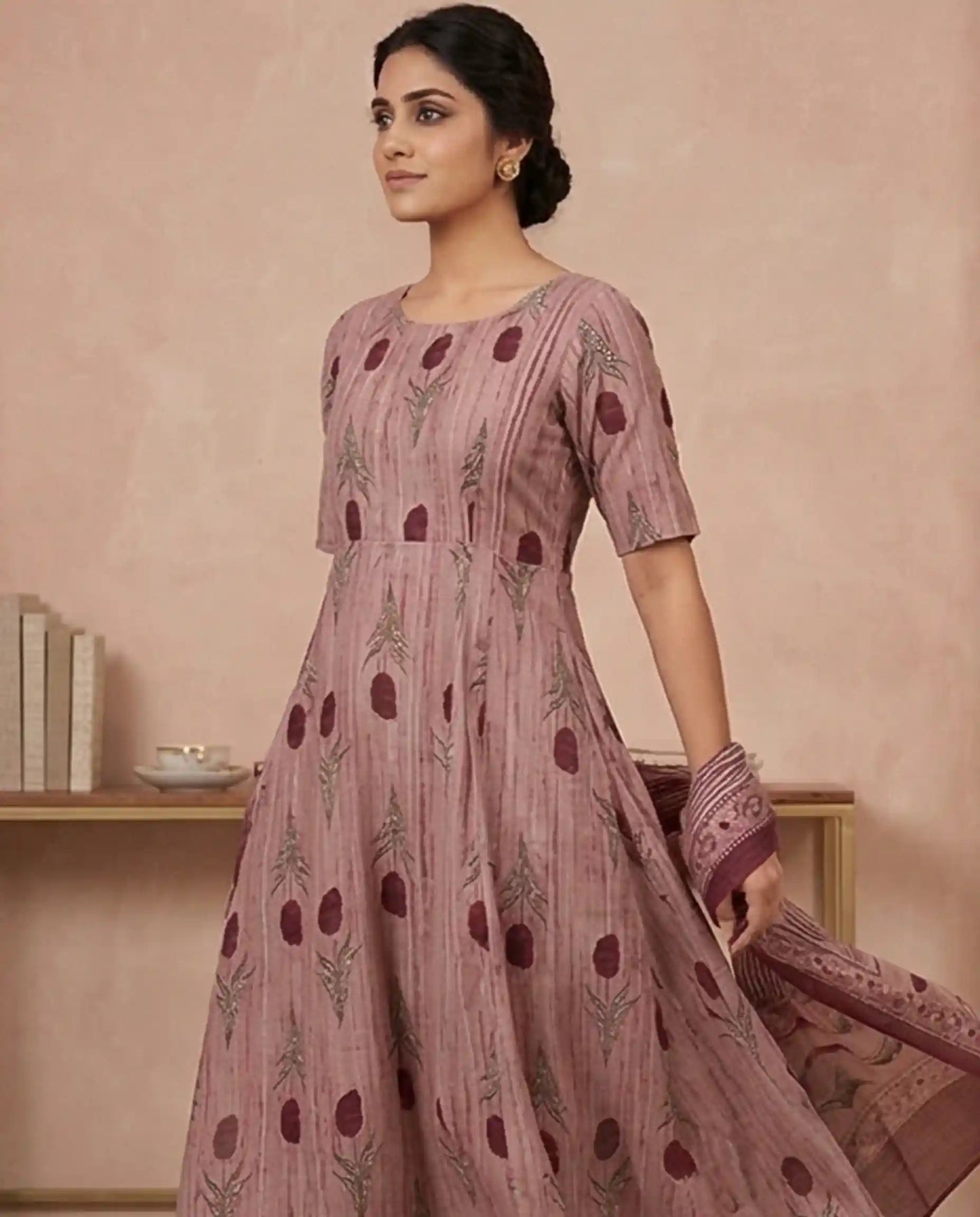 Women's Wine Red Premium Floral Printed  Kurti Set