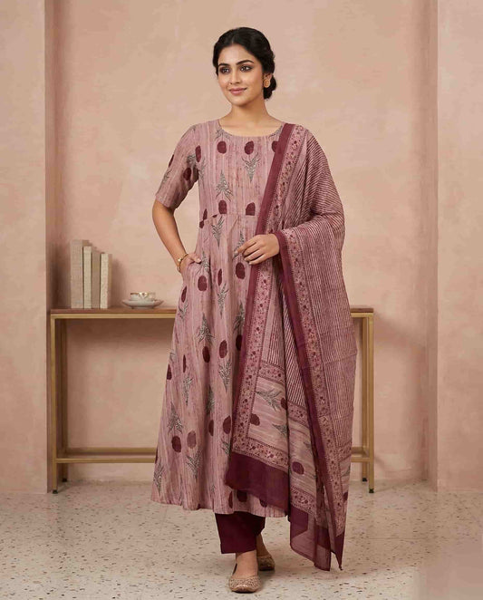 Women's Wine Red Premium Floral Printed  Kurti Set