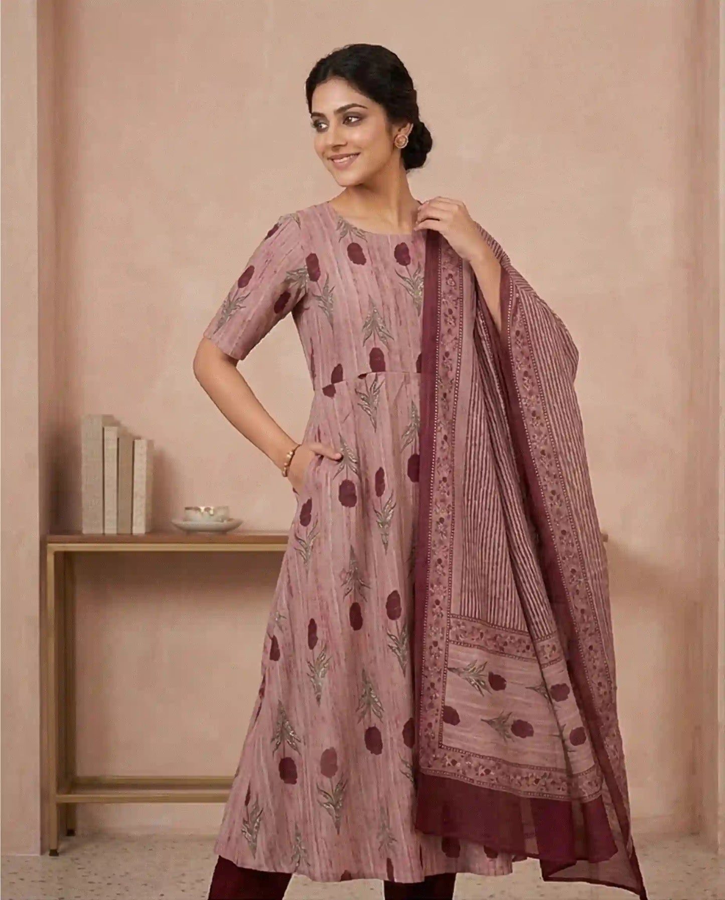 Women's Wine Red Premium Floral Printed  Kurti Set