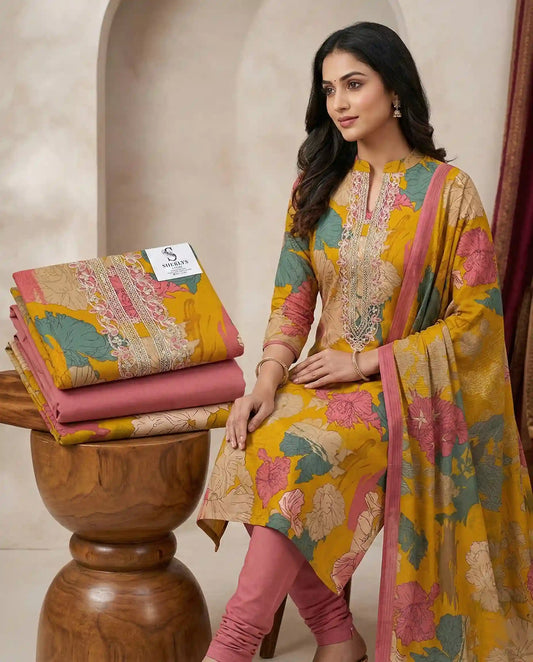 Premium  Floral Print Churidar Material Set – Mustard Yellow & Rose Pink