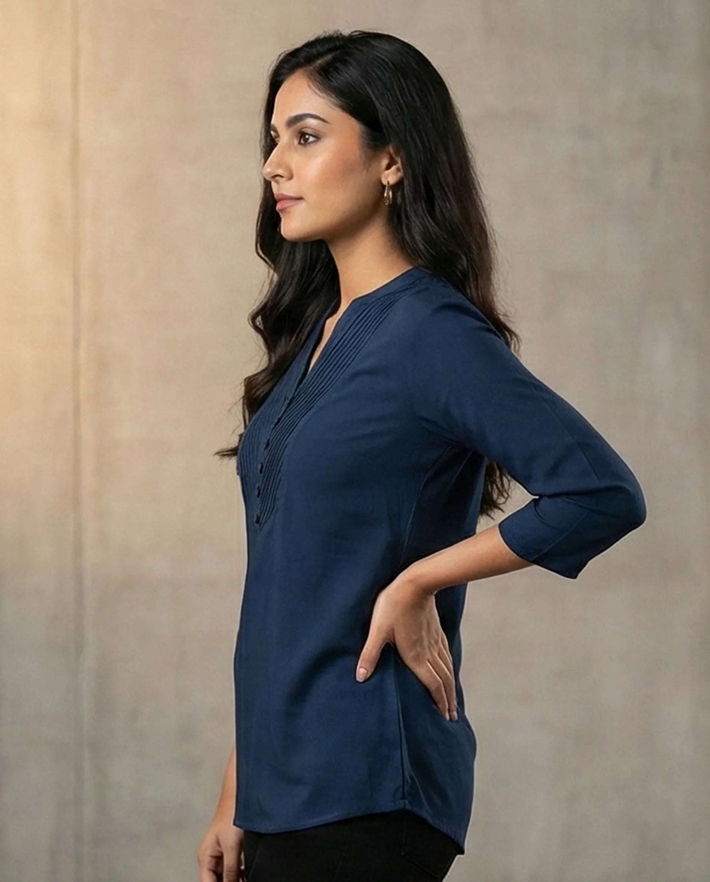 Elegant Navy Blue Pintuck Yoke Mini Kurti – 3/4 Sleeve Casual Top