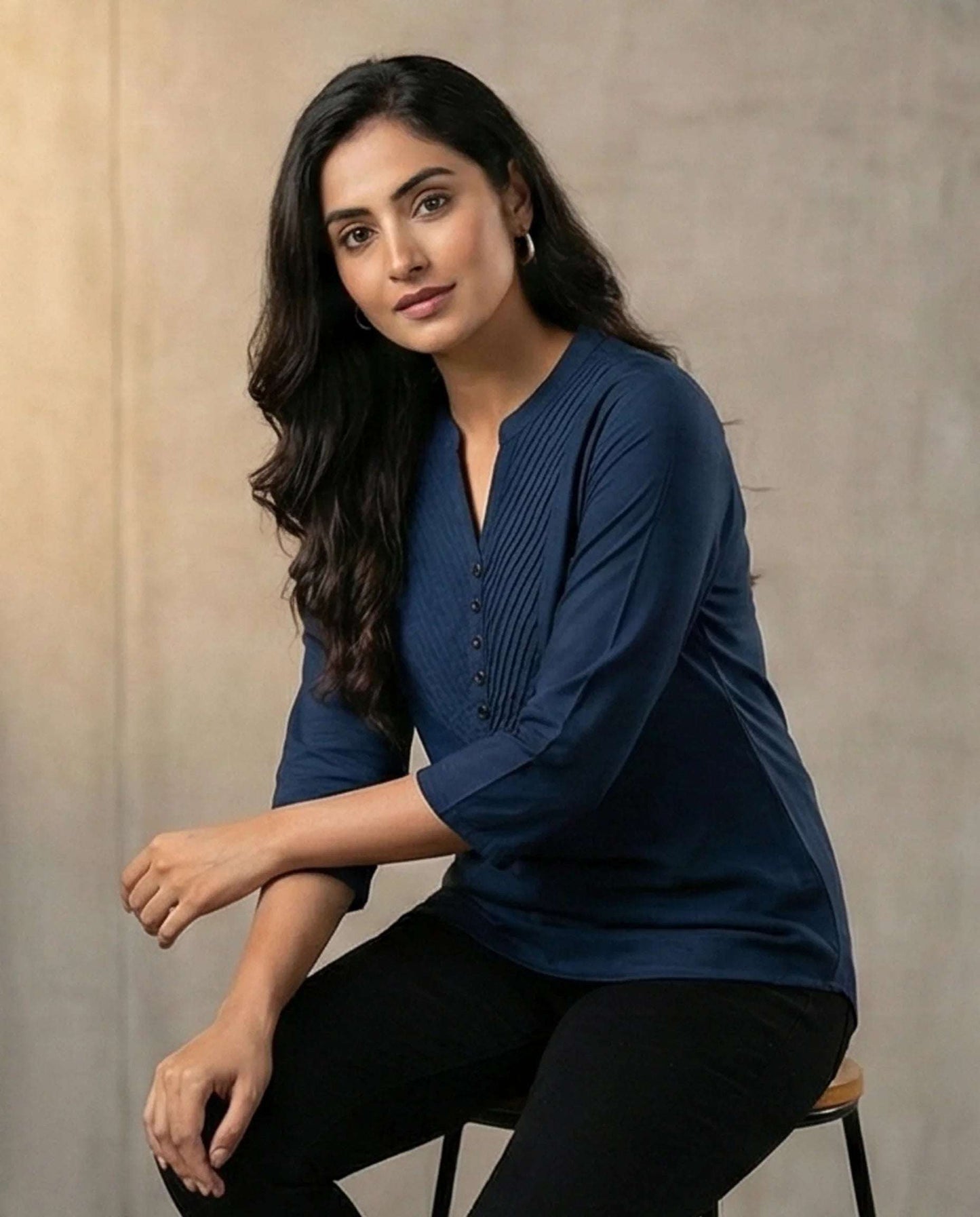 Elegant Navy Blue Pintuck Yoke Mini Kurti – 3/4 Sleeve Casual Top