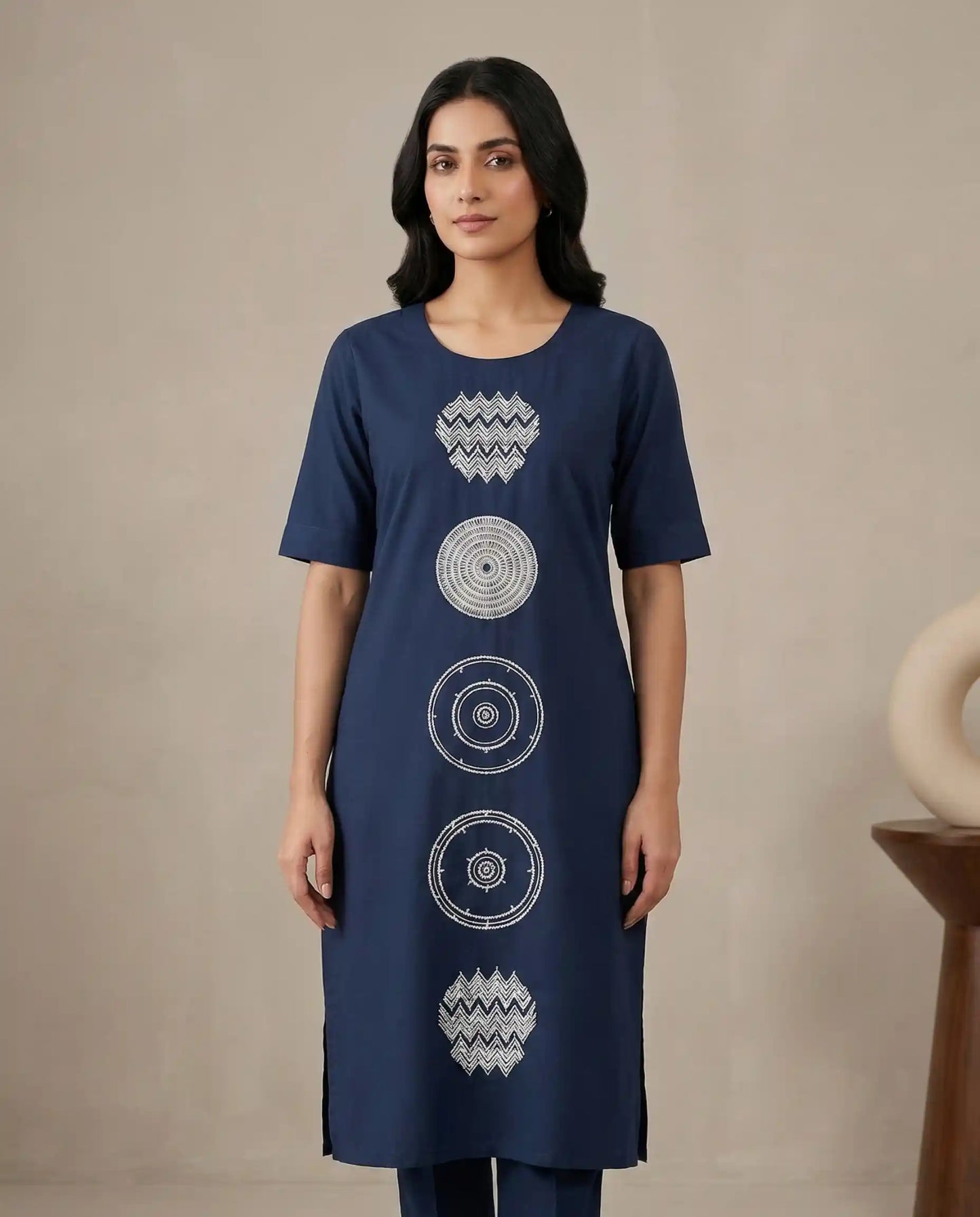 Navy Blue Premium Kurti Set with Tribal Print