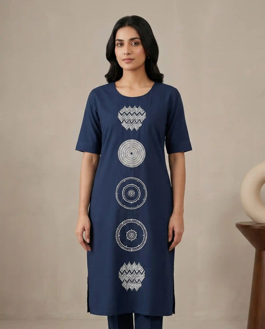Navy Blue Premium Kurti Set with Tribal Print