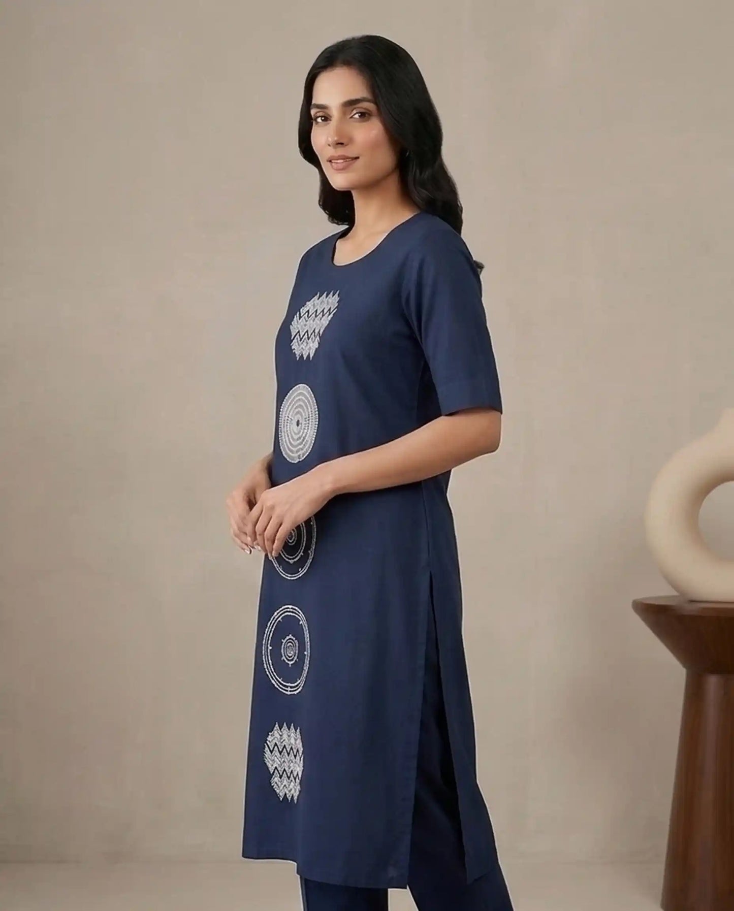 Navy Blue Premium Kurti Set with Tribal Print