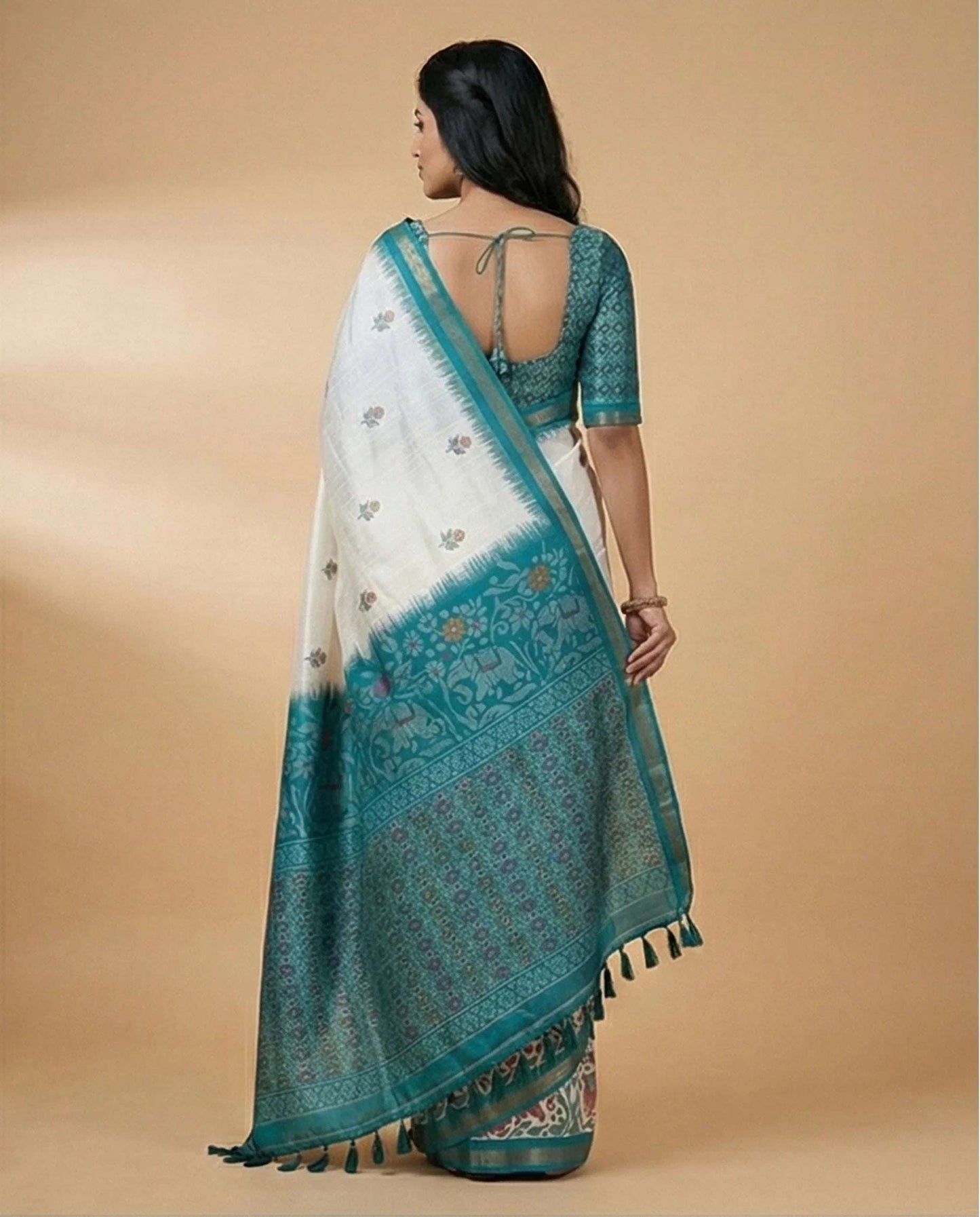 Elegant Off-White Milky Silk Saree with Teal Elephant Motif Border & Pallu