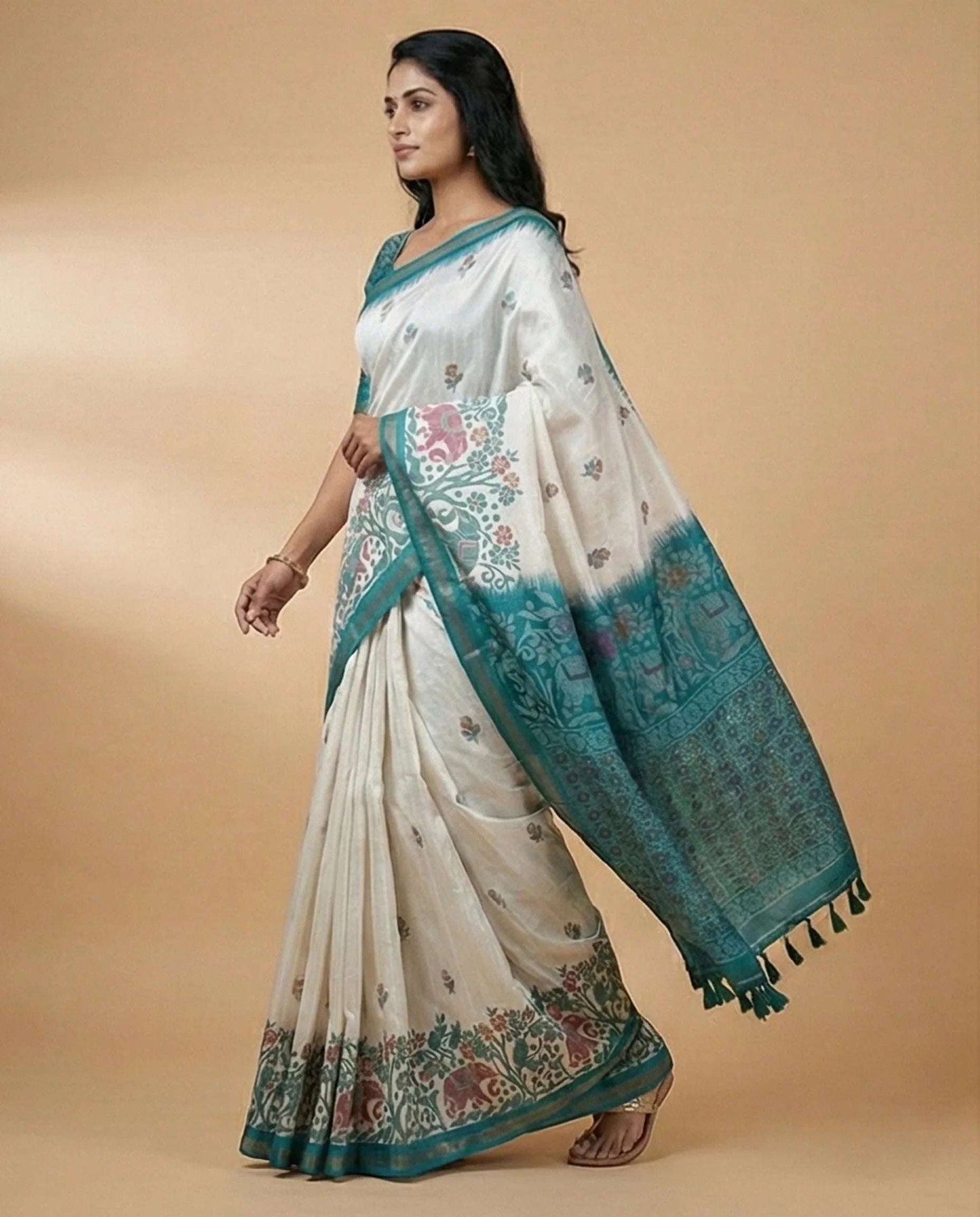Elegant Off-White Milky Silk Saree with Teal Elephant Motif Border & Pallu