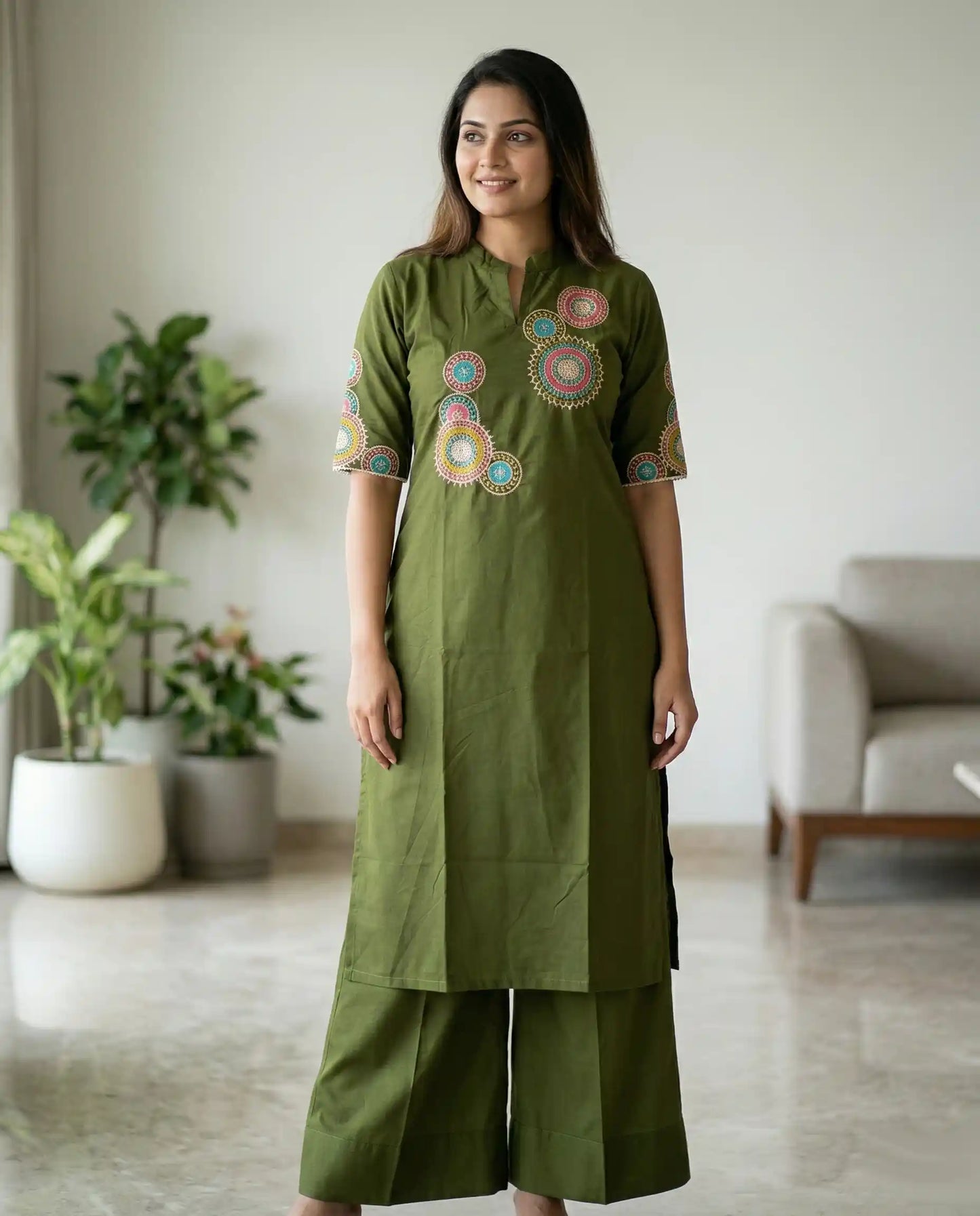 Olive Green Premium Cotton Silk Kurti Set with Palazzo