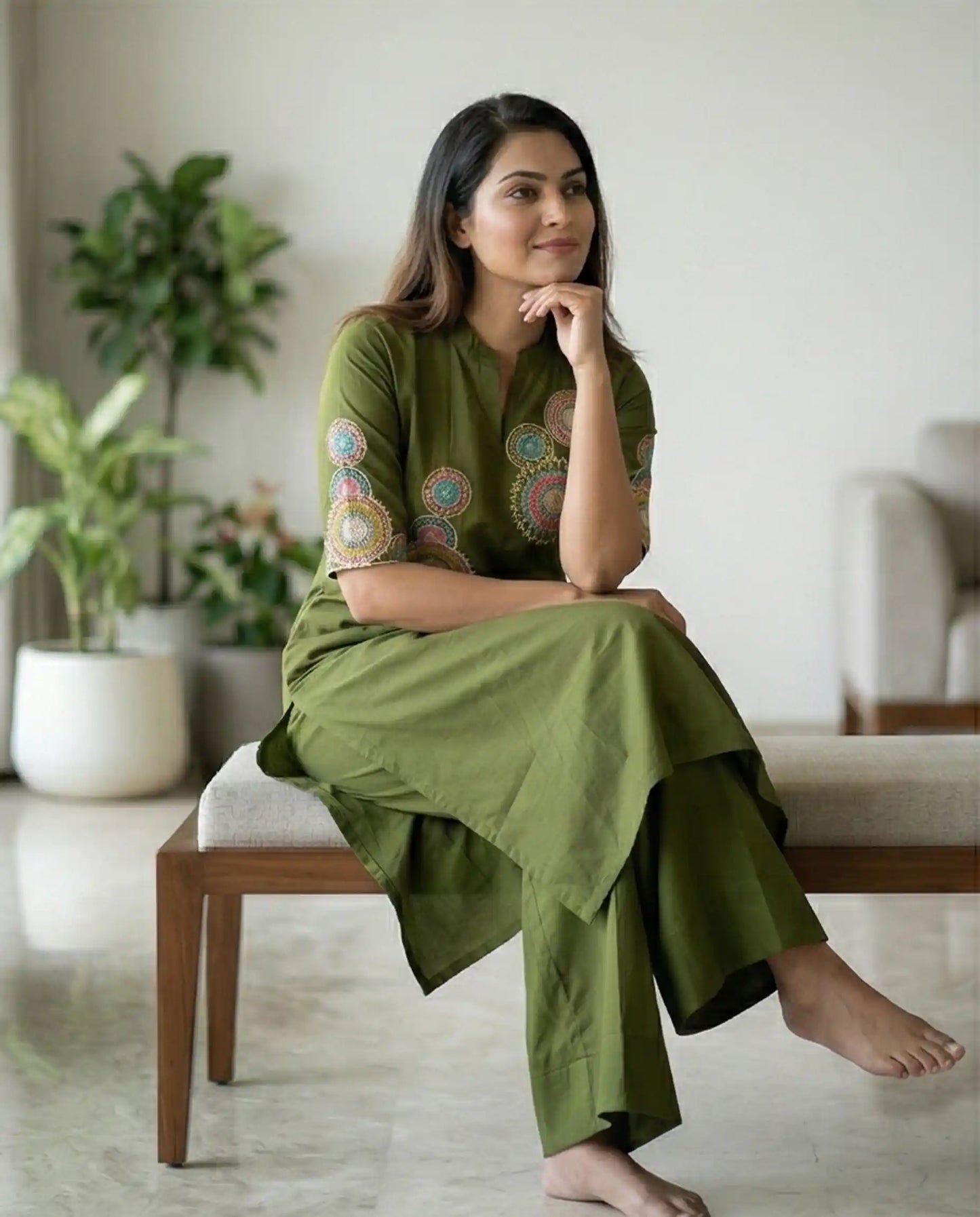 Olive Green Premium Cotton Silk Kurti Set with Palazzo