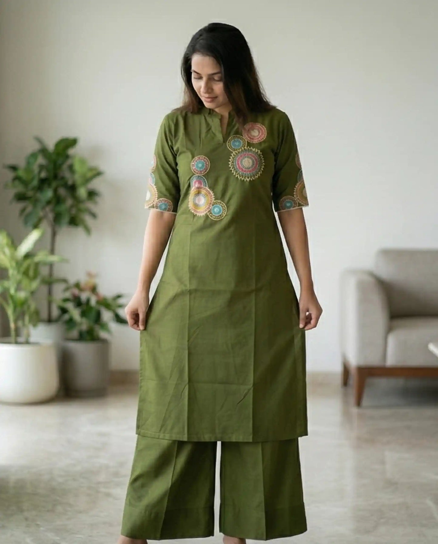 Olive Green Premium Cotton Silk Kurti Set with Palazzo