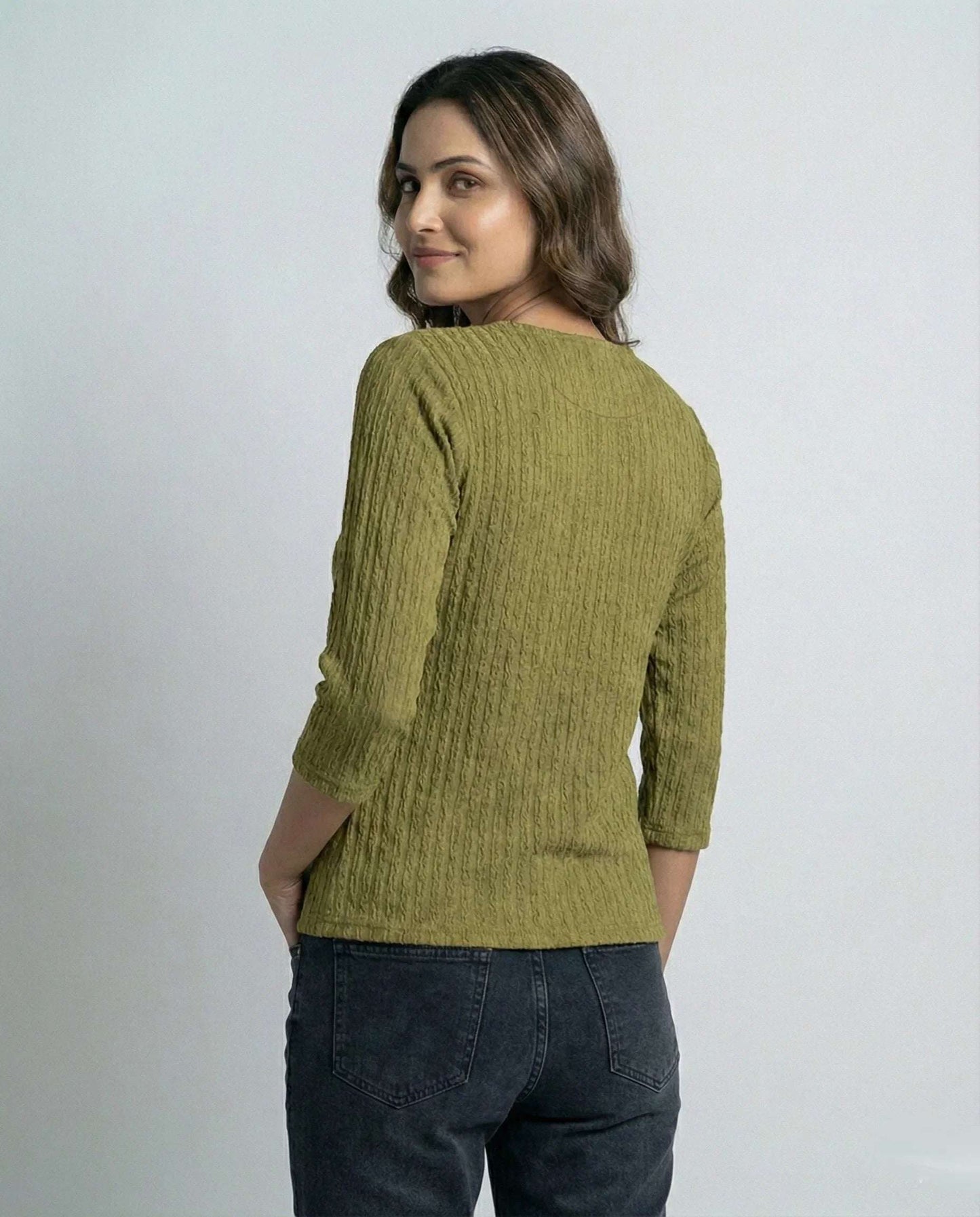 Olive Green Vertical Ribbed Crinkle Mini Top with 3/4 Sleeves
