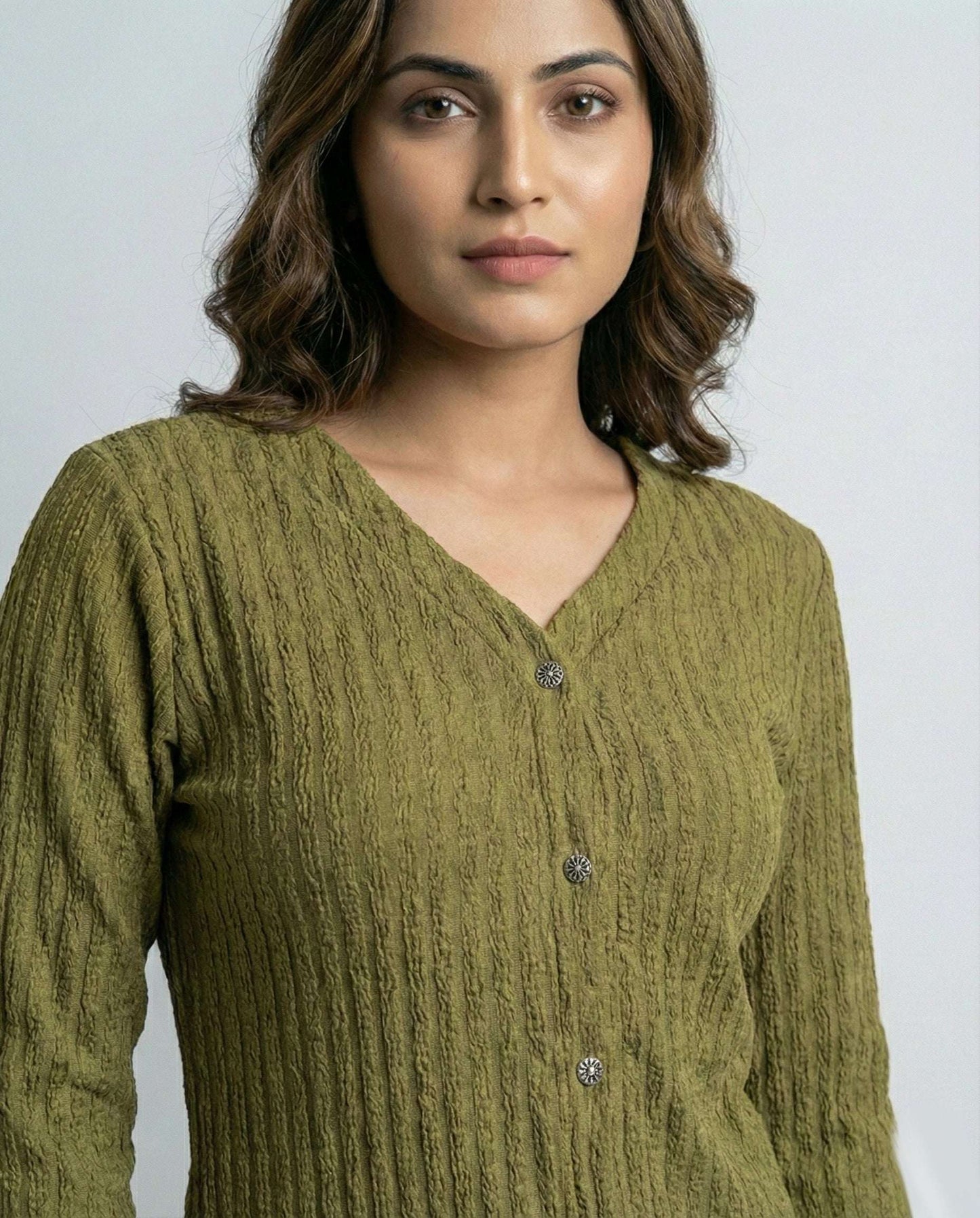 Olive Green Vertical Ribbed Crinkle Mini Top with 3/4 Sleeves