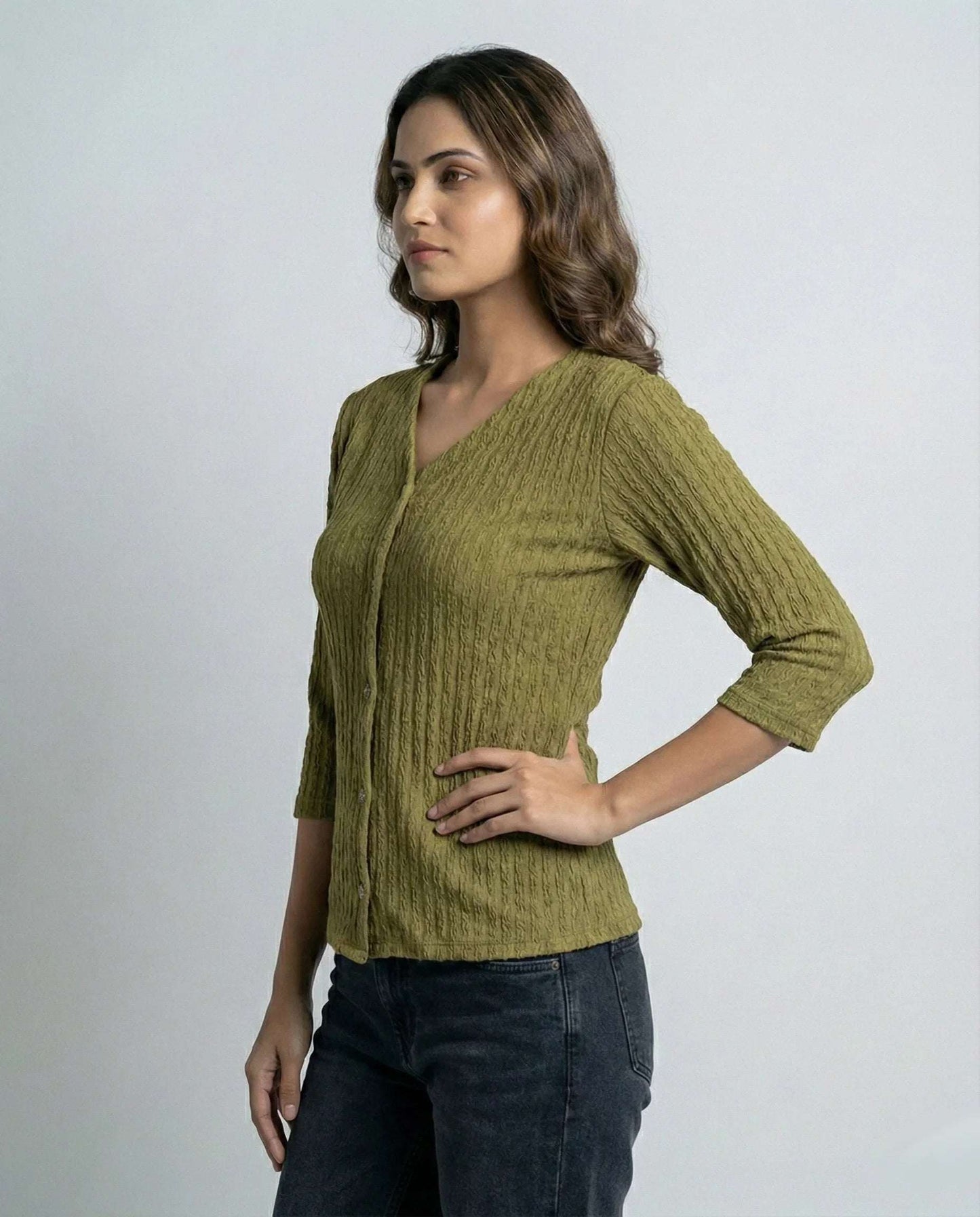 Olive Green Vertical Ribbed Crinkle Mini Top with 3/4 Sleeves