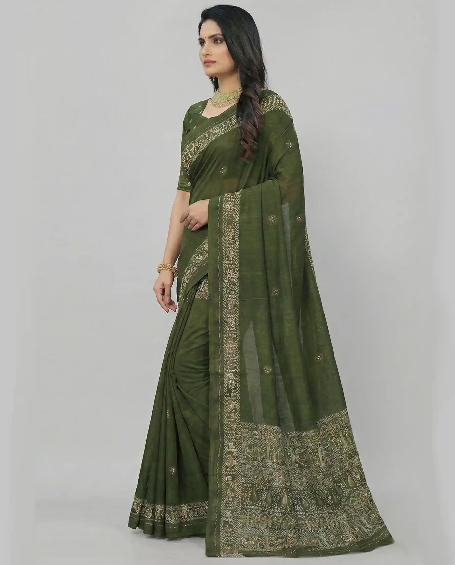 Side profile of an olive green handloom saree showing the elegant drape and detailed zari border with traditional patterns.