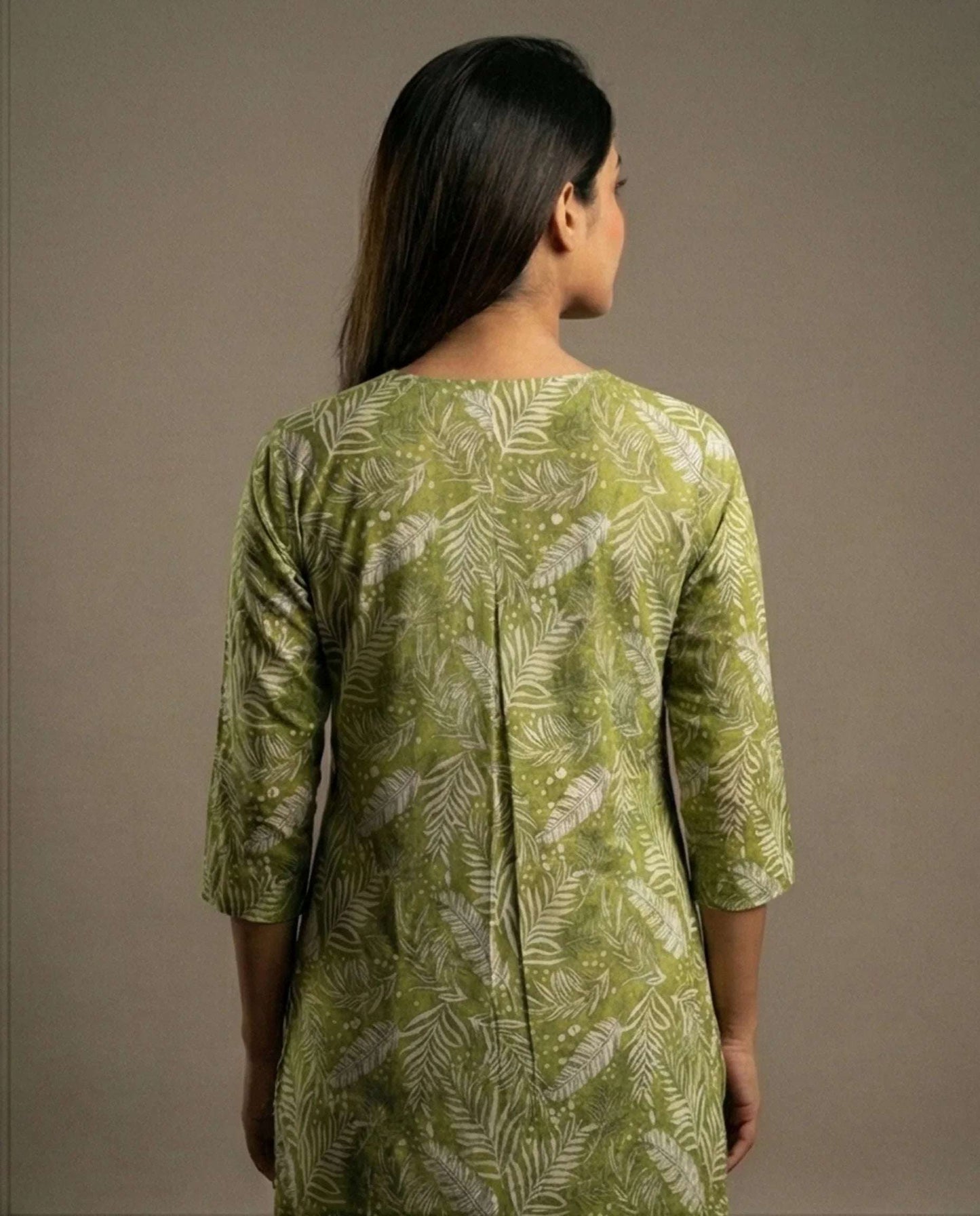 Olive Green Tropical Leaf Print V-Neck Kurti with 3/4 Sleeves