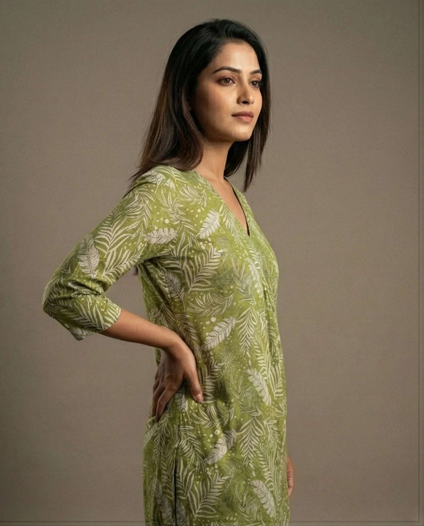 Olive Green Tropical Leaf Print V-Neck Kurti with 3/4 Sleeves