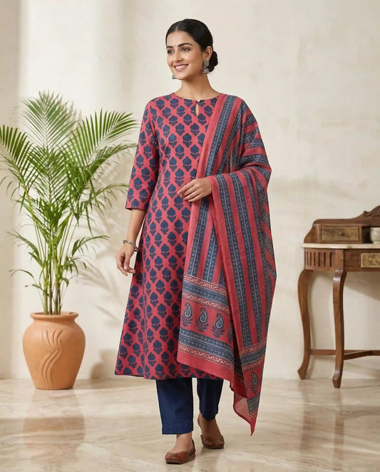 orange & Indigo Blue Cotton Printed Kurta Set