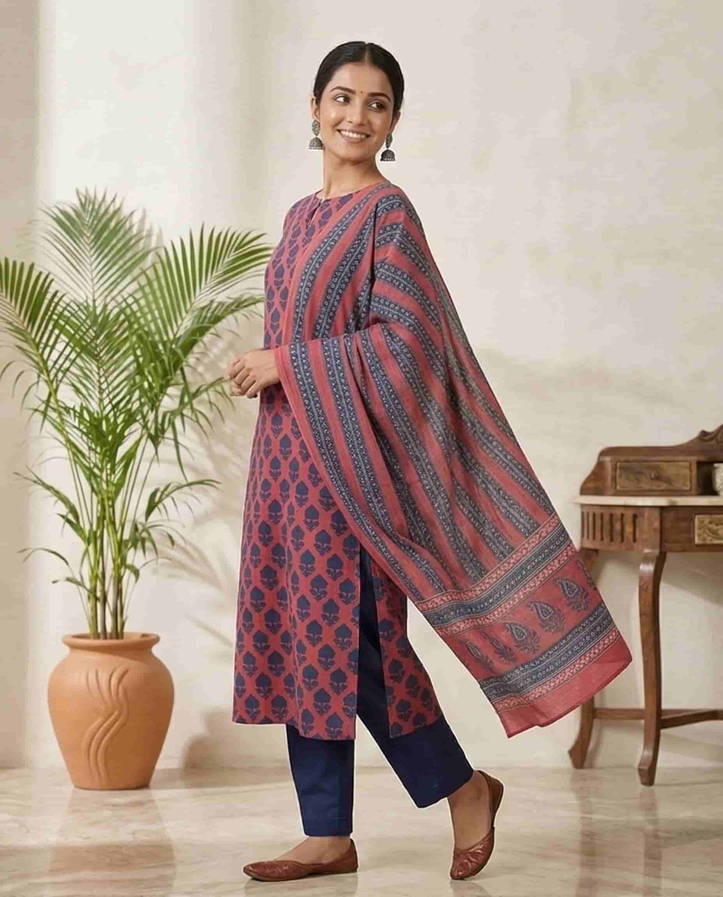 orange & Indigo Blue Cotton Printed Kurta Set
