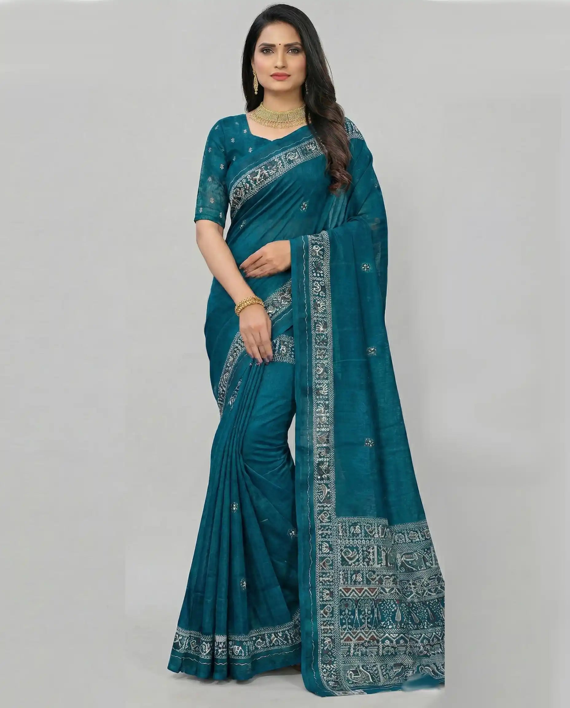 Front view of a premium peacock blue Jodhpuri cotton saree featuring a traditional Rajasthani-style border.
