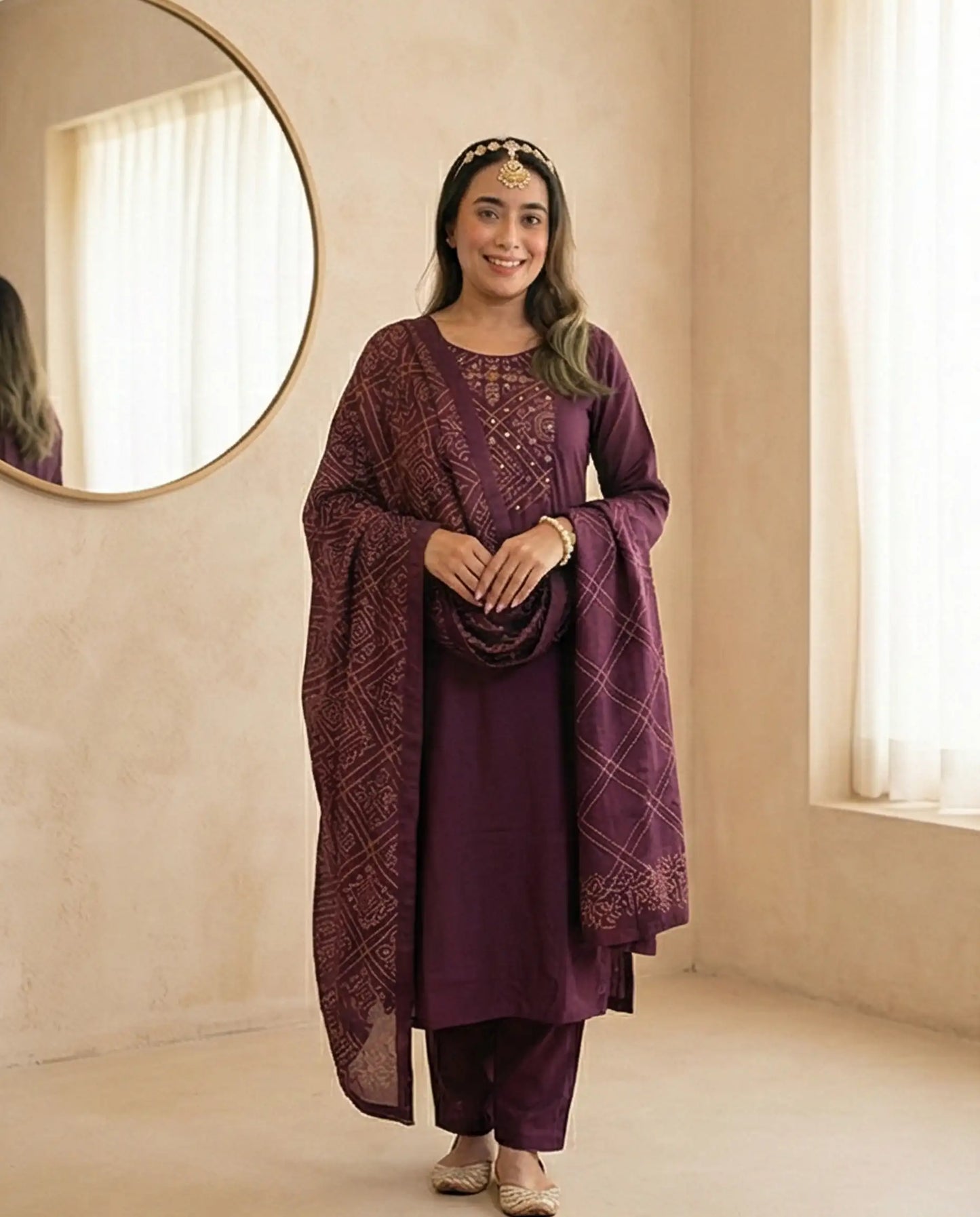 Indian model wearing a deep purple kurti with embroidered yoke and matching patterned dupatta.