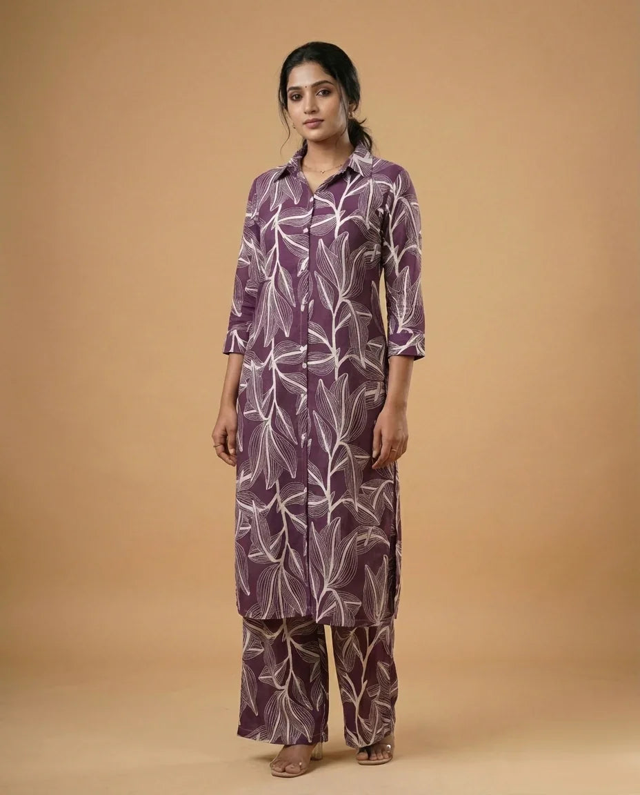 Woman wearing a purple leaf-patterned kurta with palazzo pants on a beige background

