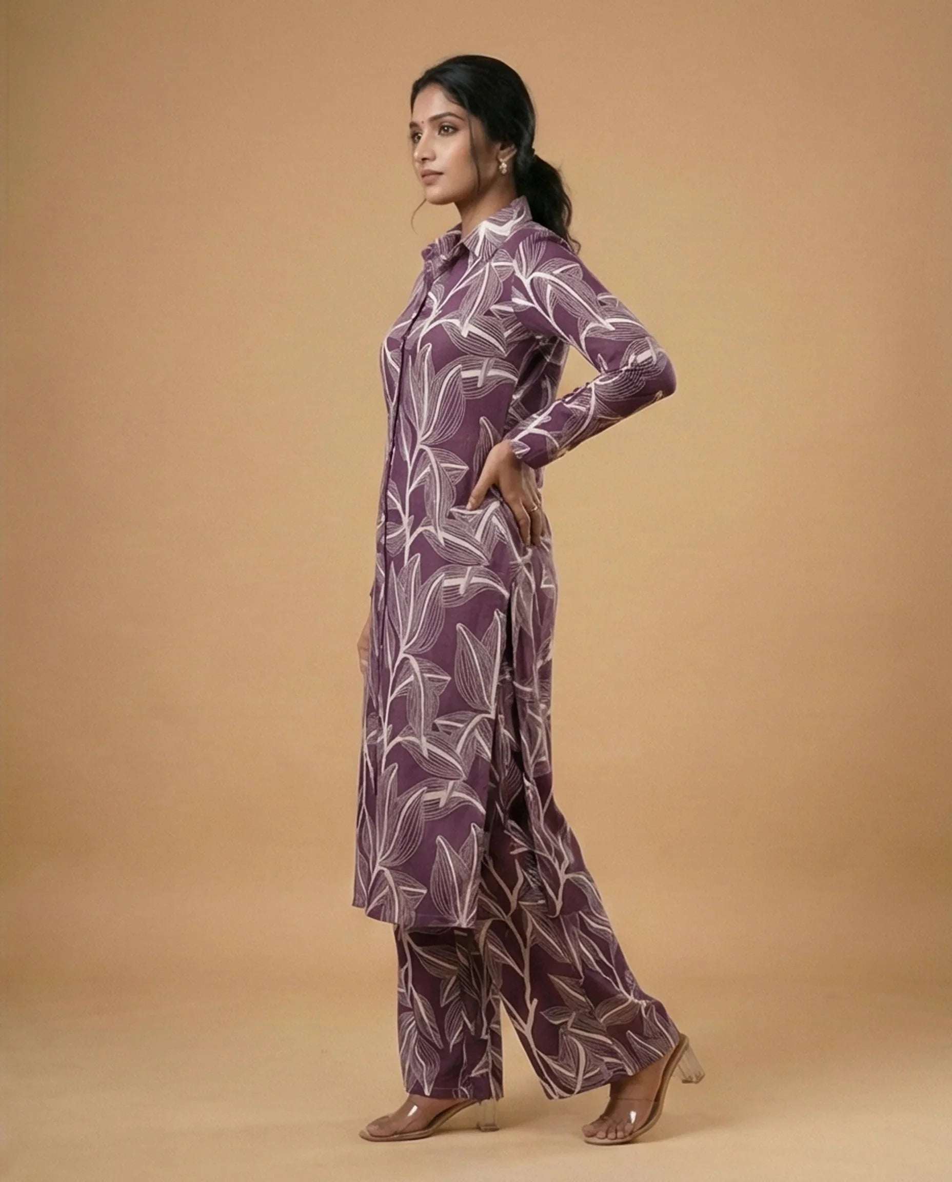 Deep Purple Leaf Print Co-ord Set with Longline Tunic