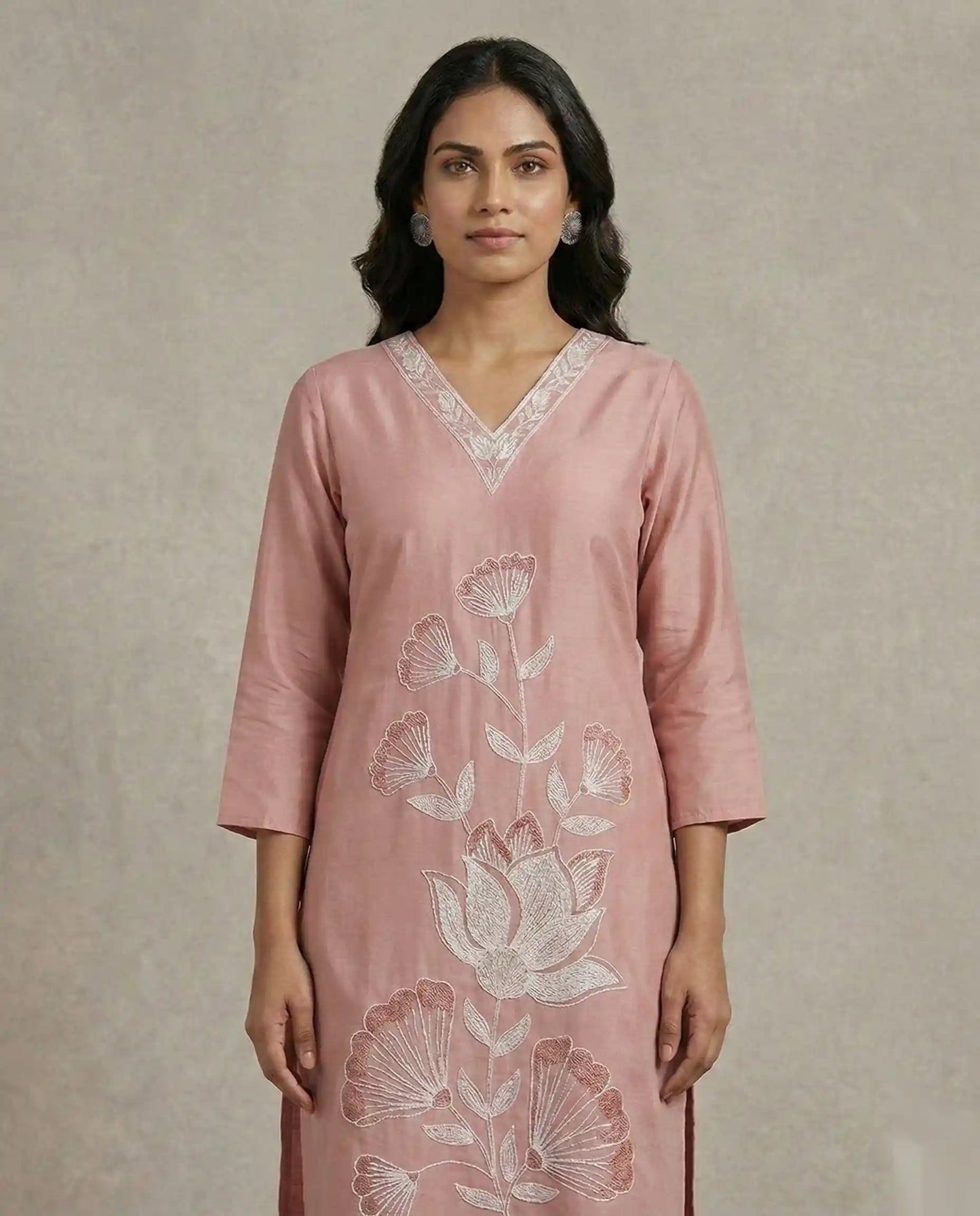 Premium Cotton Silk Floral Embroidered Kurti Set – Pink