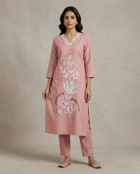 Premium Cotton Silk Floral Embroidered Kurti Set – Pink