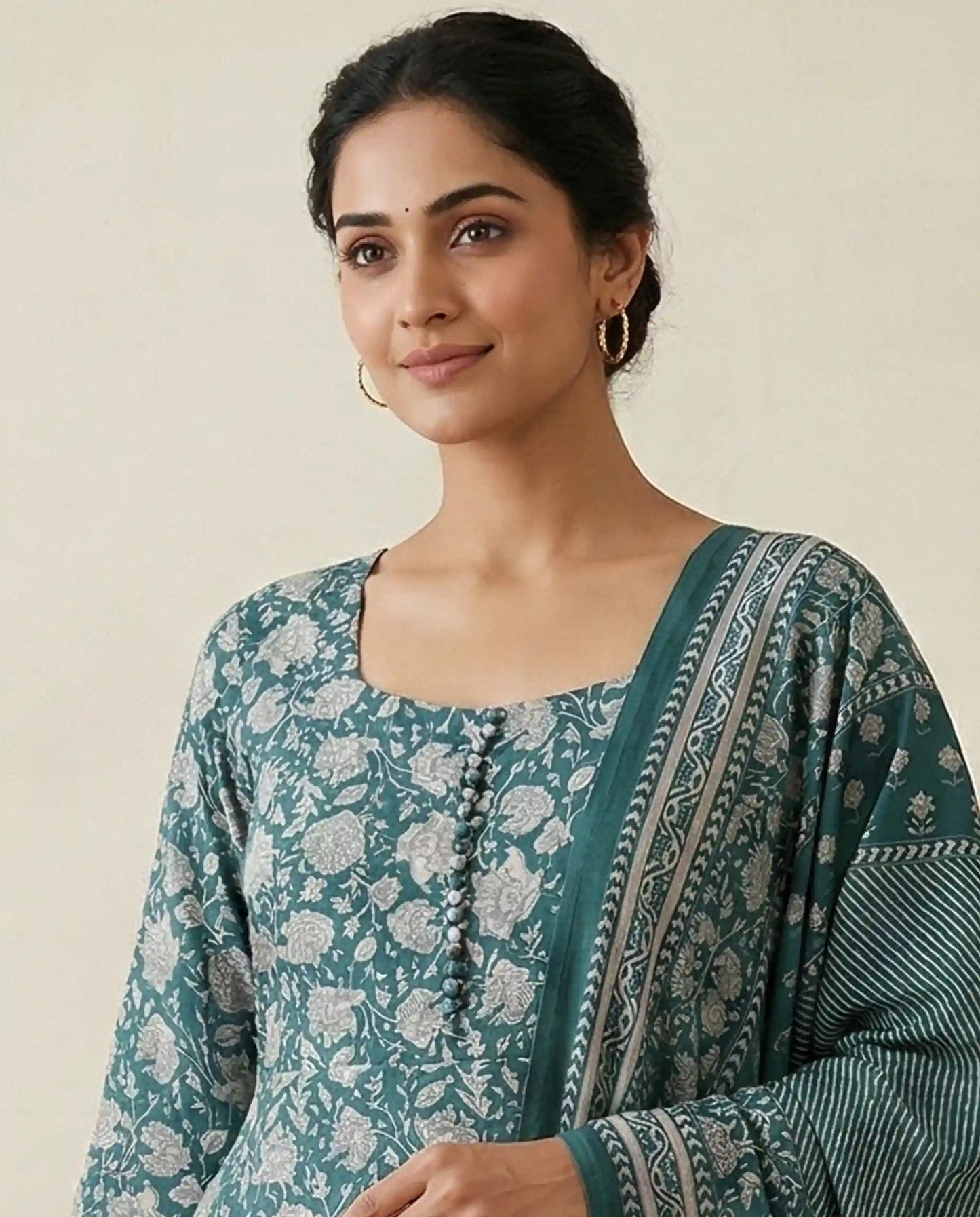 Sherlys Attire Teal Green Floral Modal Cotton Kurta Set