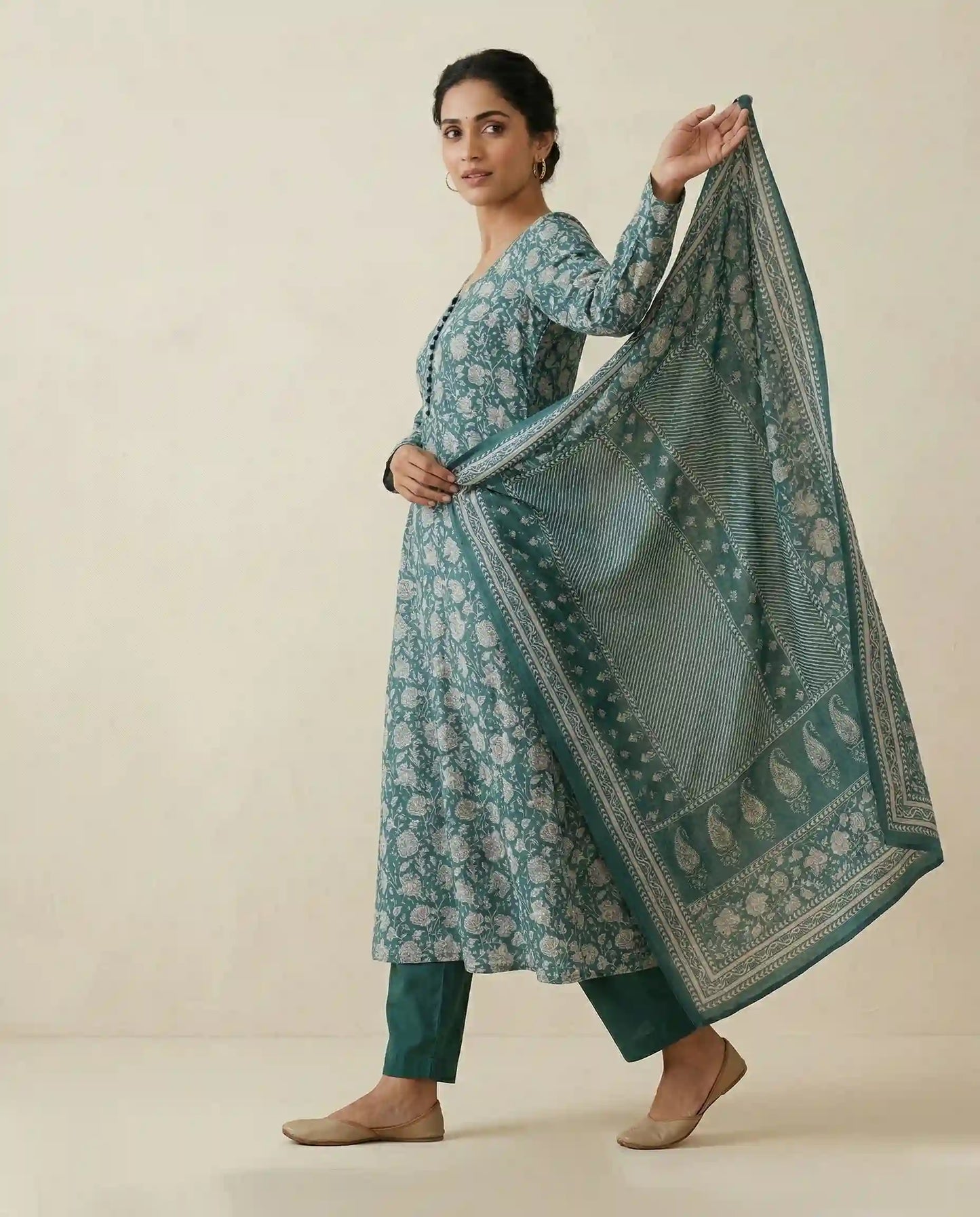 Sherlys Attire Teal Green Floral Modal Cotton Kurta Set