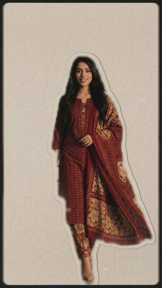 Earthy Maroon & Cream Floral Cotton Salwar Suit Set