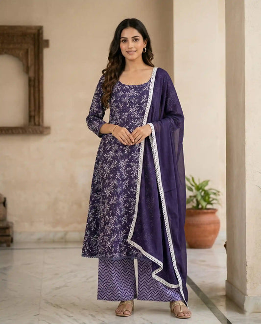 Purple Floral Polycotton Kurti Set with Chevron Pants & Lace Dupatta