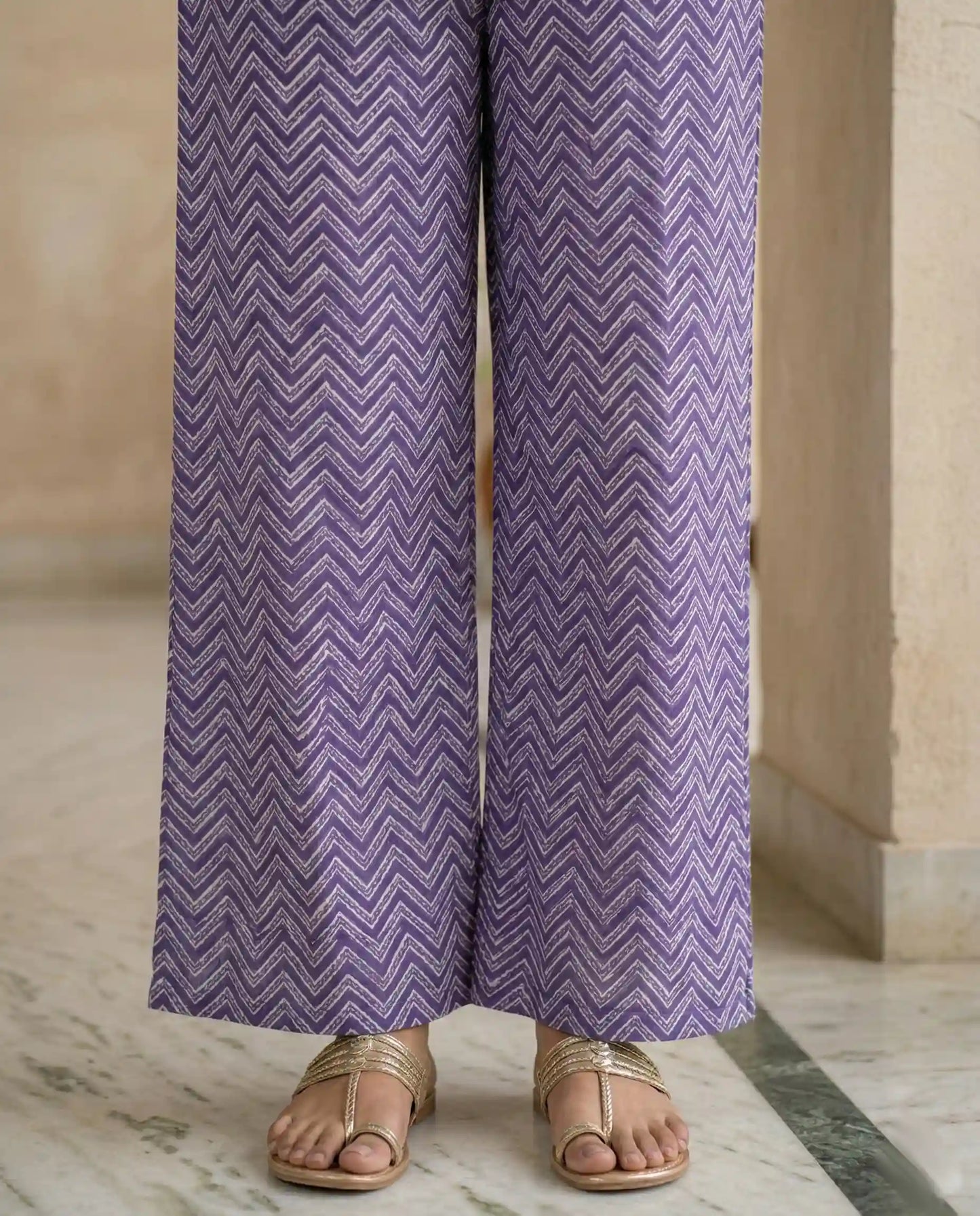 Purple Floral Polycotton Kurti Set with Chevron Pants & Lace Dupatta