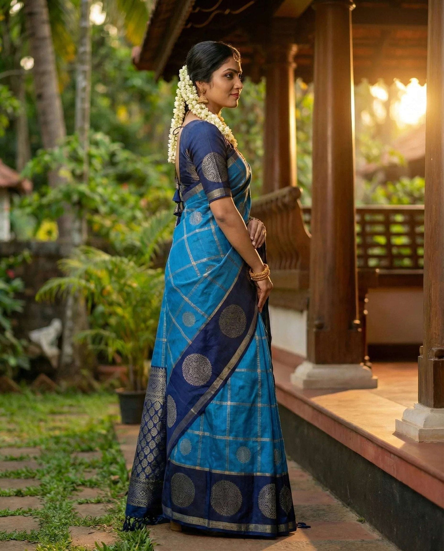 Elegant Green & Dark Blue Art Silk Saree with Gold Check Motifs and Brocade Pallu - Kerala Traditional Style