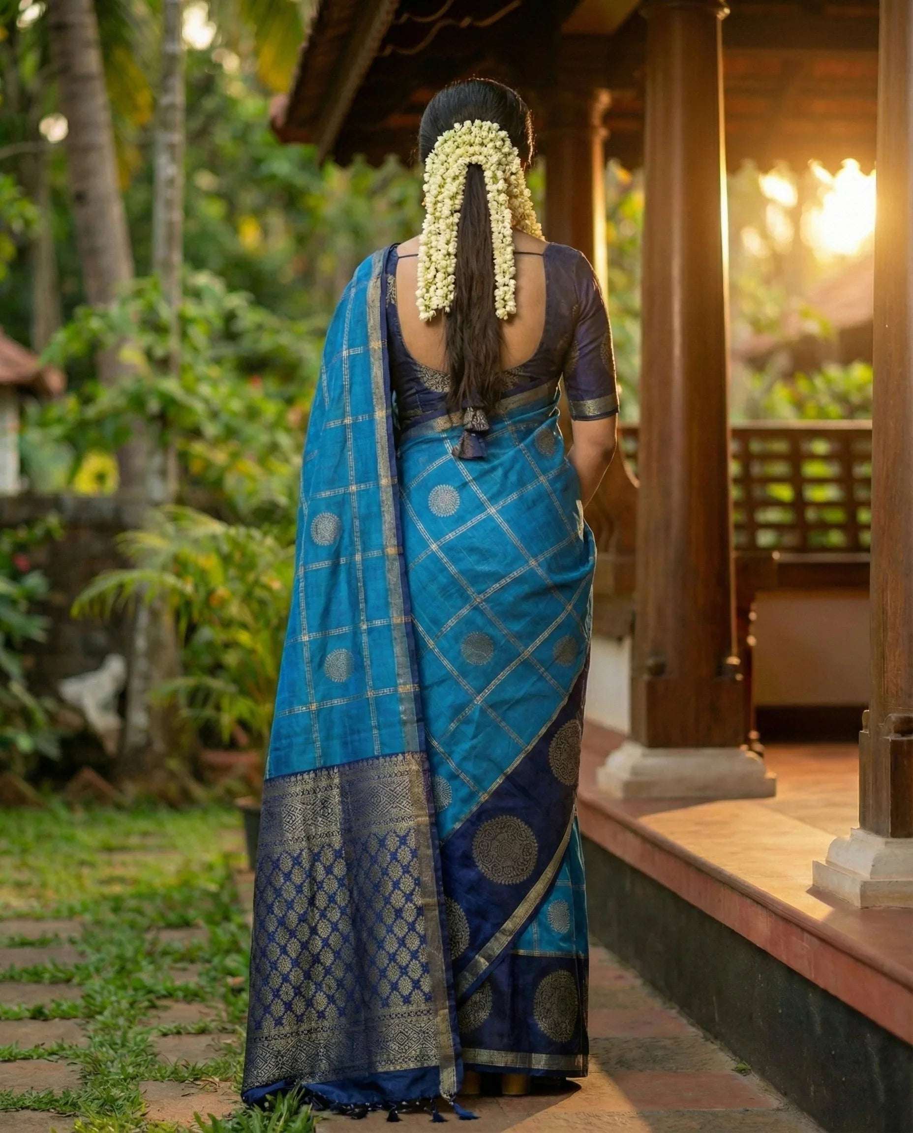 Elegant Green & Dark Blue Art Silk Saree with Gold Check Motifs and Brocade Pallu - Kerala Traditional Style