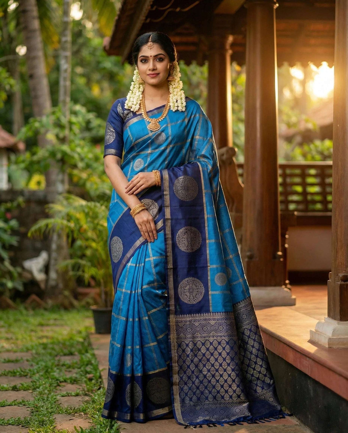 Elegant Green & Dark Blue Art Silk Saree with Gold Check Motifs and Brocade Pallu - Kerala Traditional Style