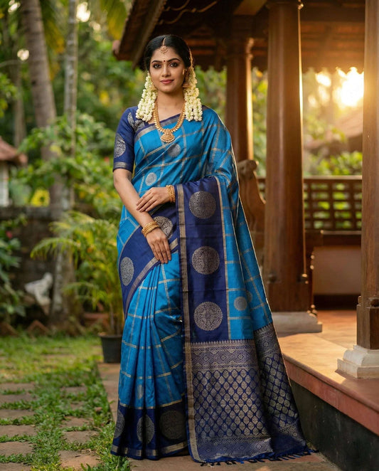 Elegant Green & Dark Blue Art Silk Saree with Gold Check Motifs and Brocade Pallu - Kerala Traditional Style