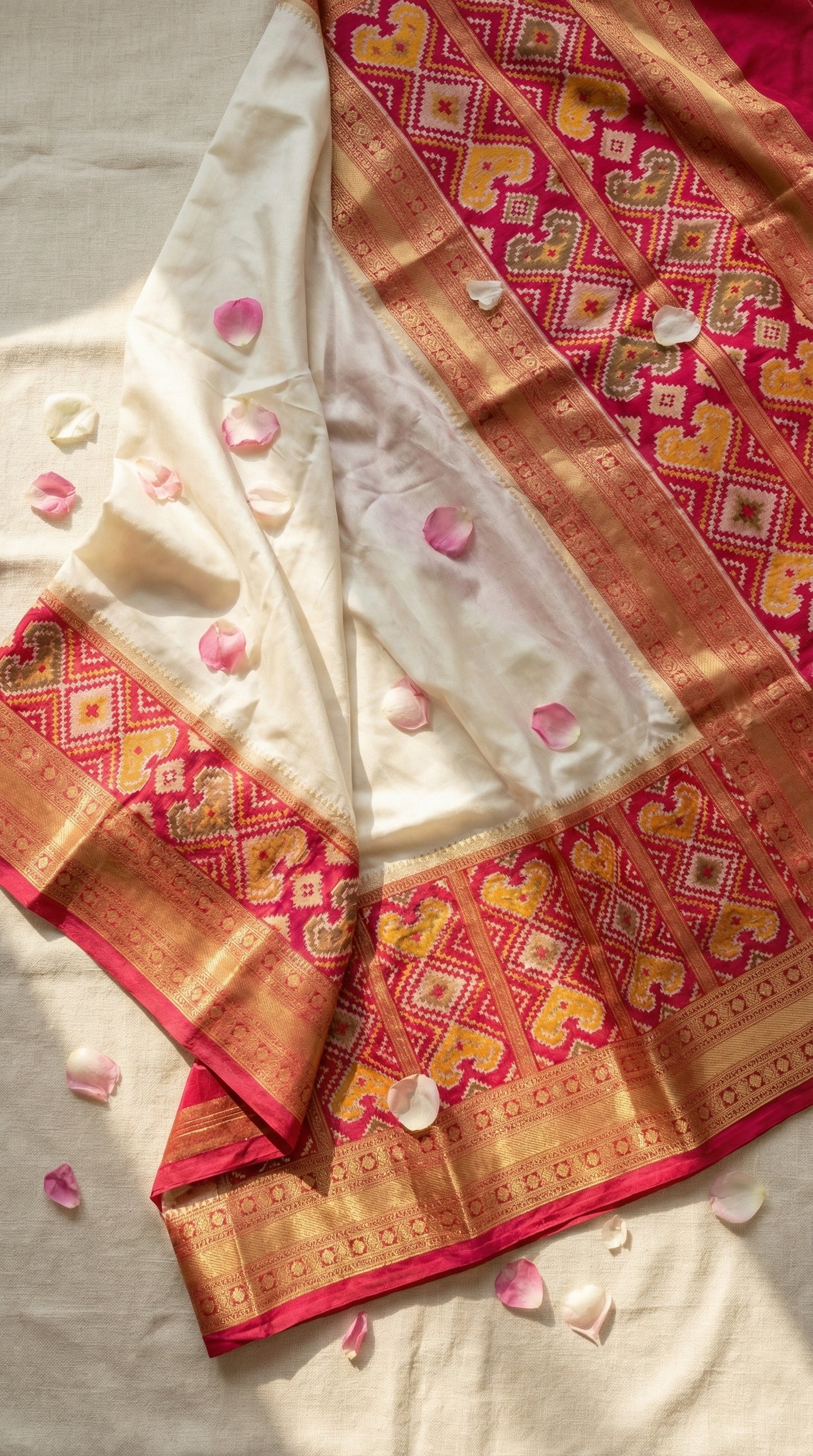 The Heritage Ivory Fusion – Off-White & Crimson Patola Silk Saree