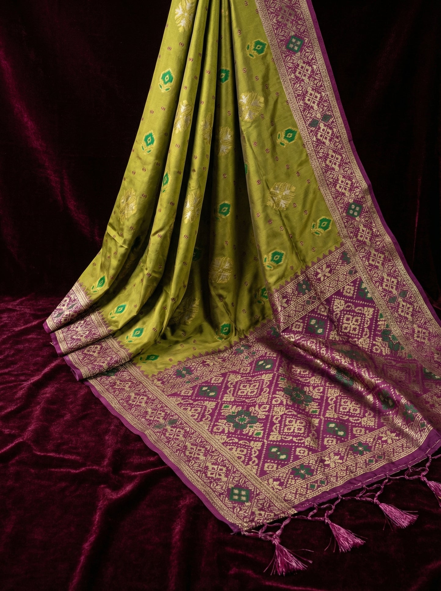 The Spring Bloom – Olive Green & Magenta Patola Silk Saree